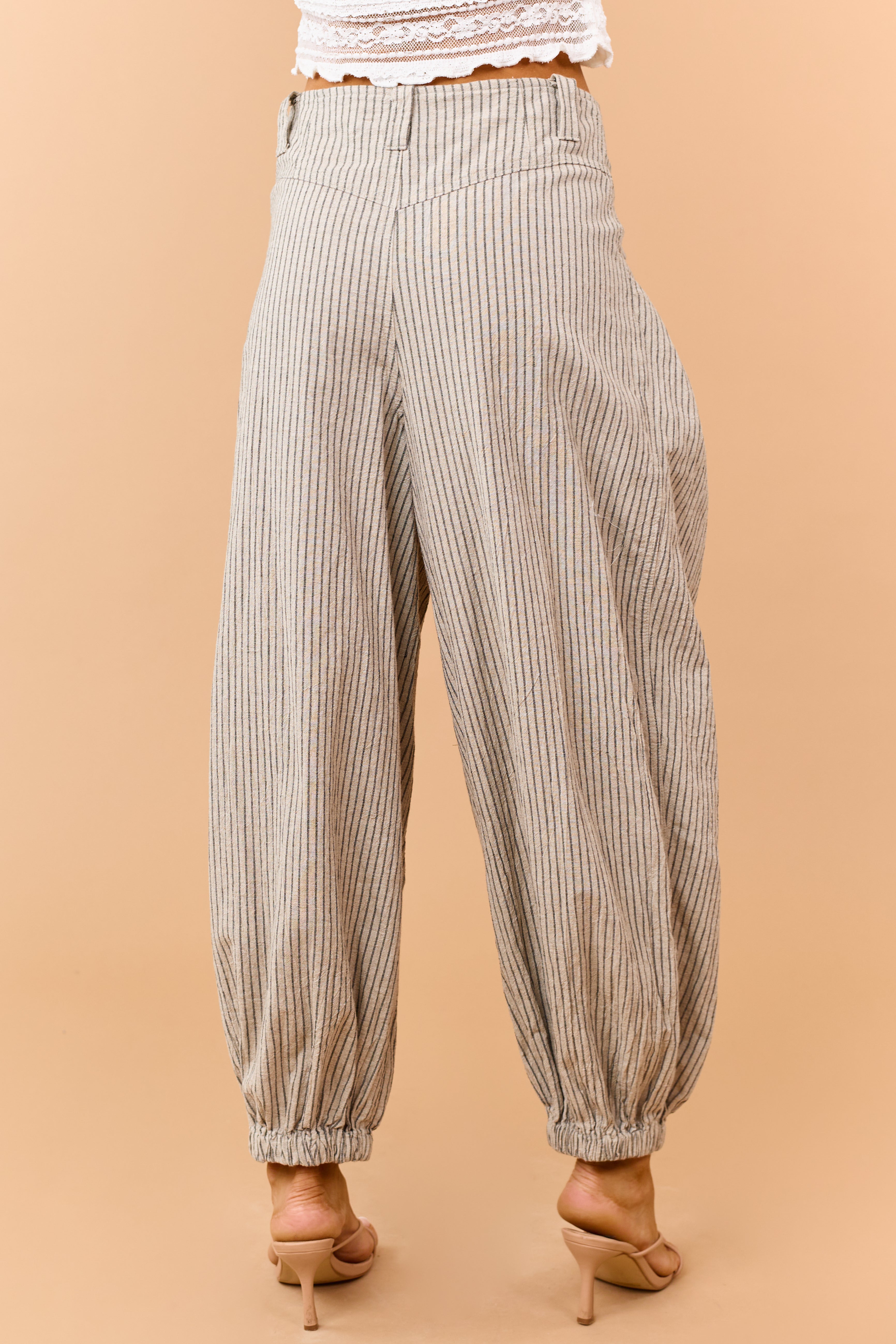 Light Taupe and Black Cotton Striped Wide Leg Pants