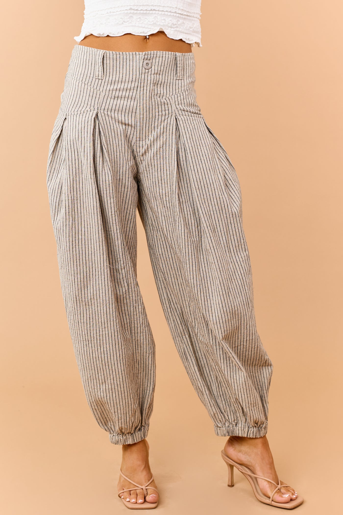 Light Taupe and Black Cotton Striped Wide Leg Pants