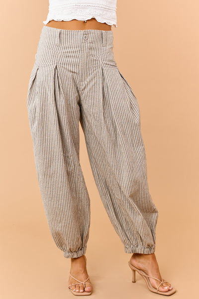 Light Taupe and Black Cotton Striped Wide Leg Pants