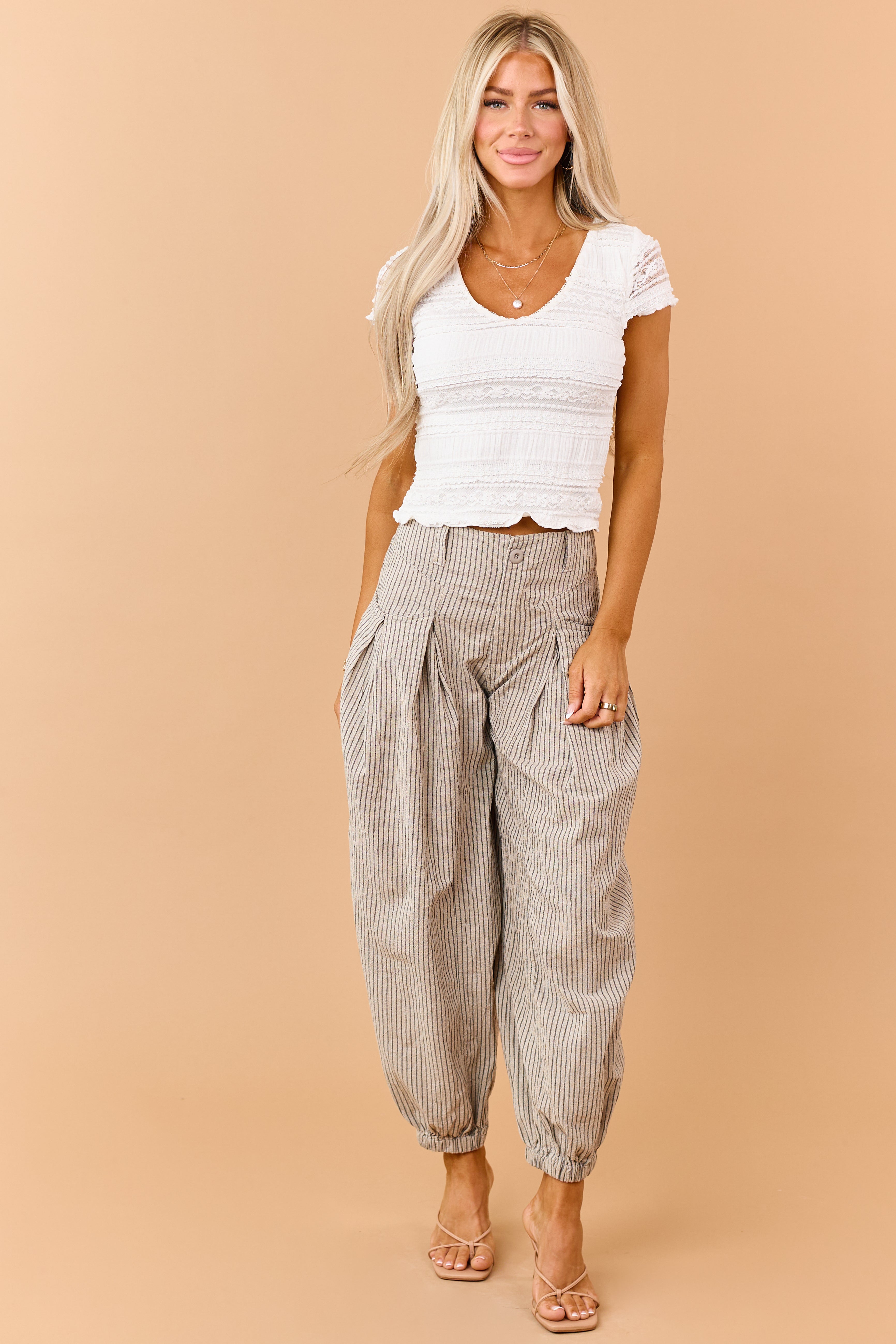Light Taupe and Black Cotton Striped Wide Leg Pants