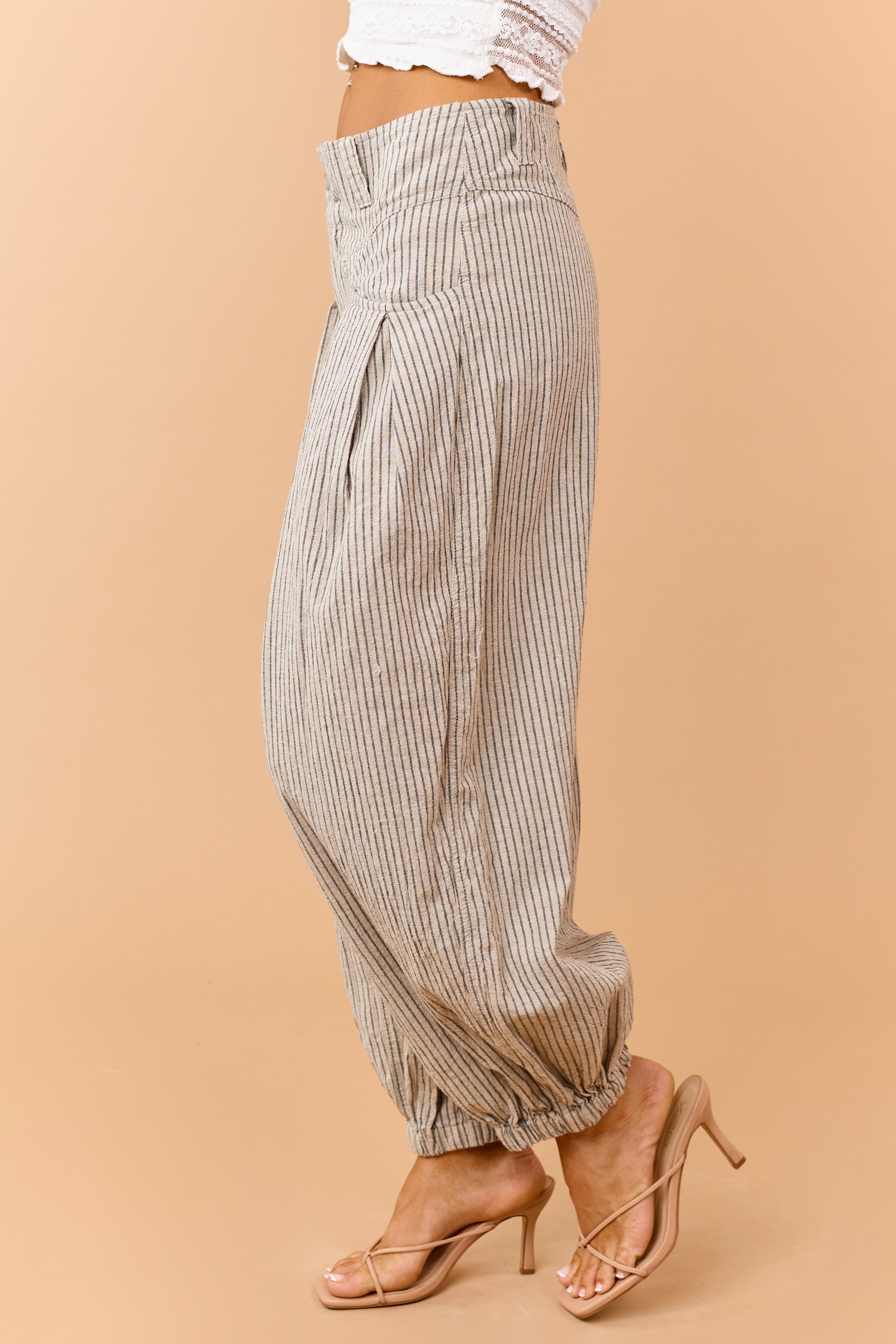 Light Taupe and Black Cotton Striped Wide Leg Pants
