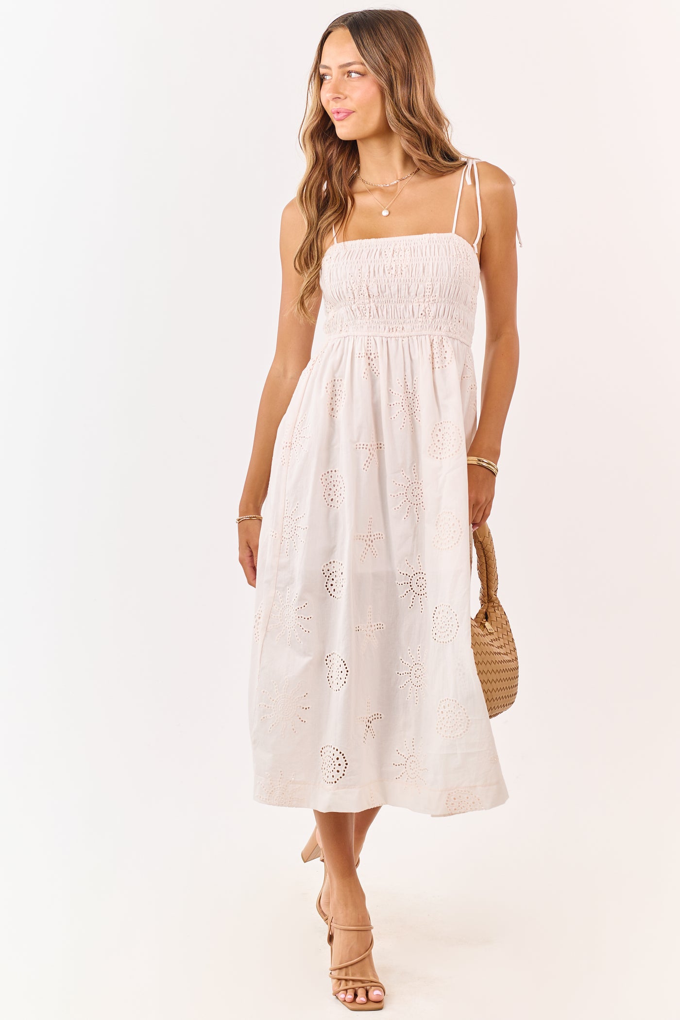 Light Tea Rose Smocked Eyelet Cotton Midi Dress