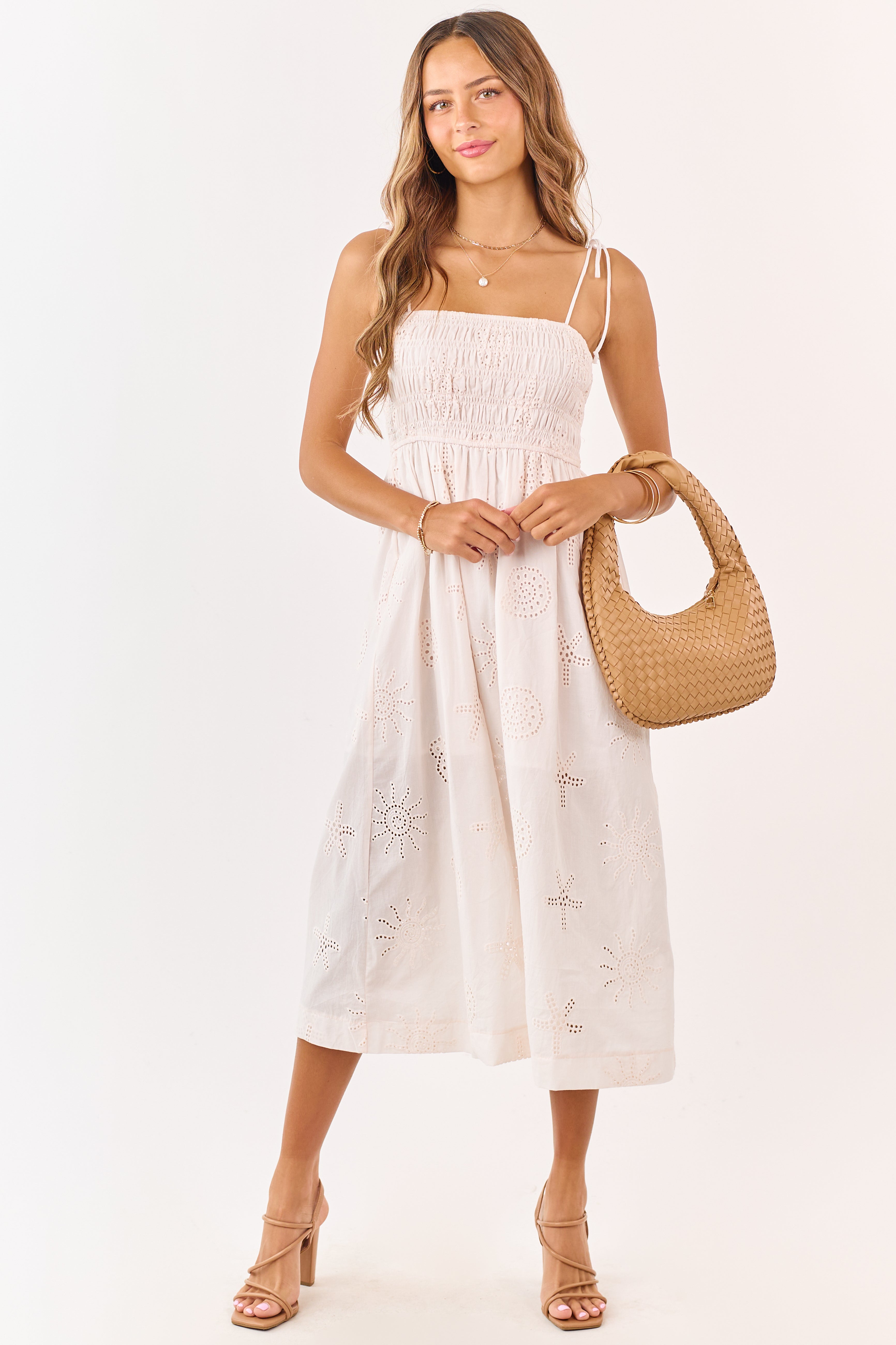 Light Tea Rose Smocked Eyelet Cotton Midi Dress