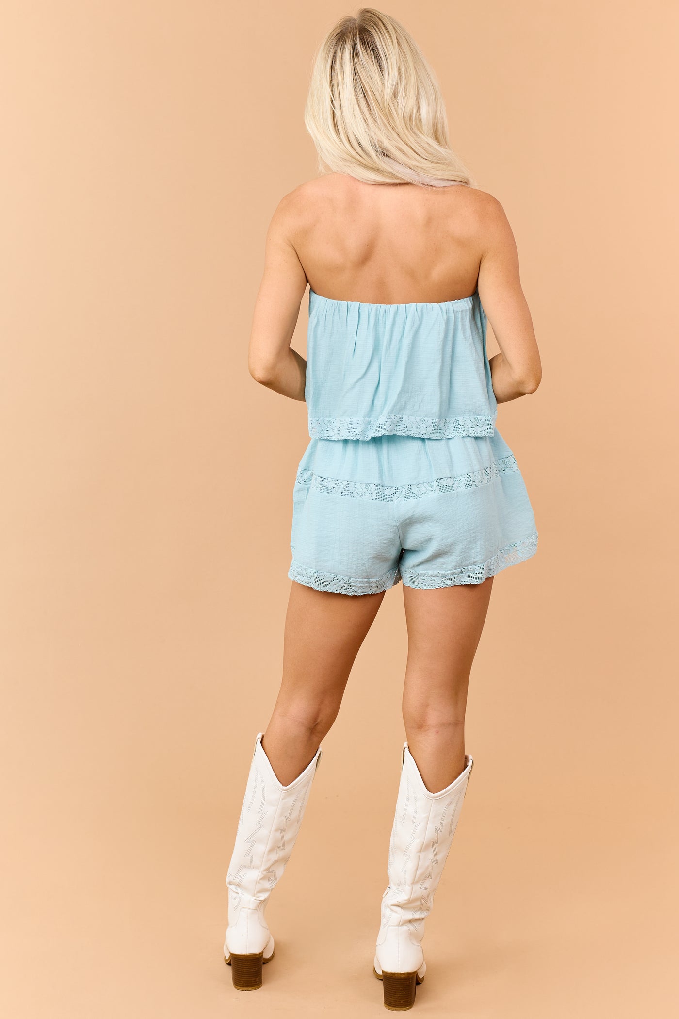 Light Teal Strapless Lace Trim Tiered Romper