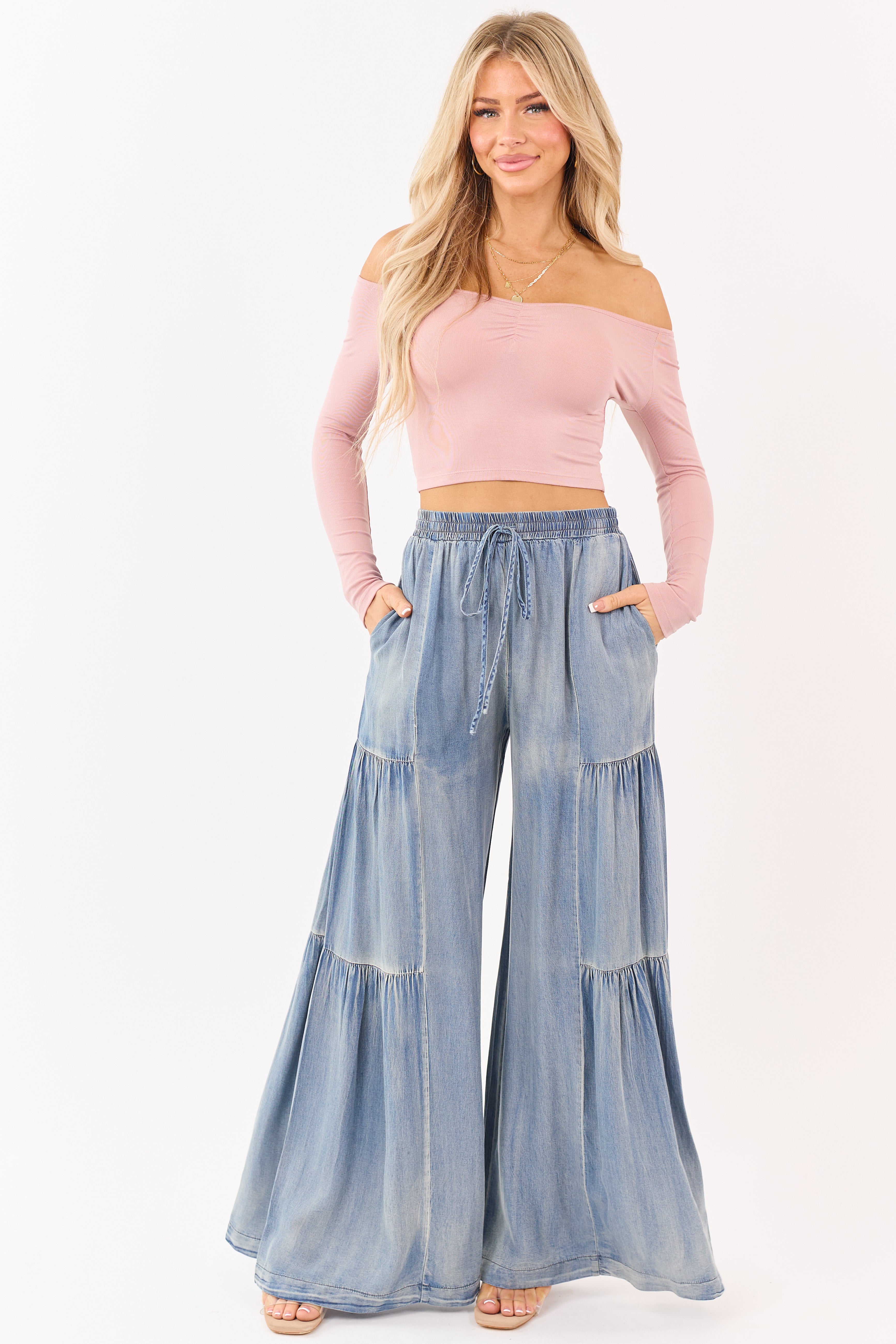 Light Vintage Wash Chambray Tiered Palazzo Leg Pants | Lime Lush