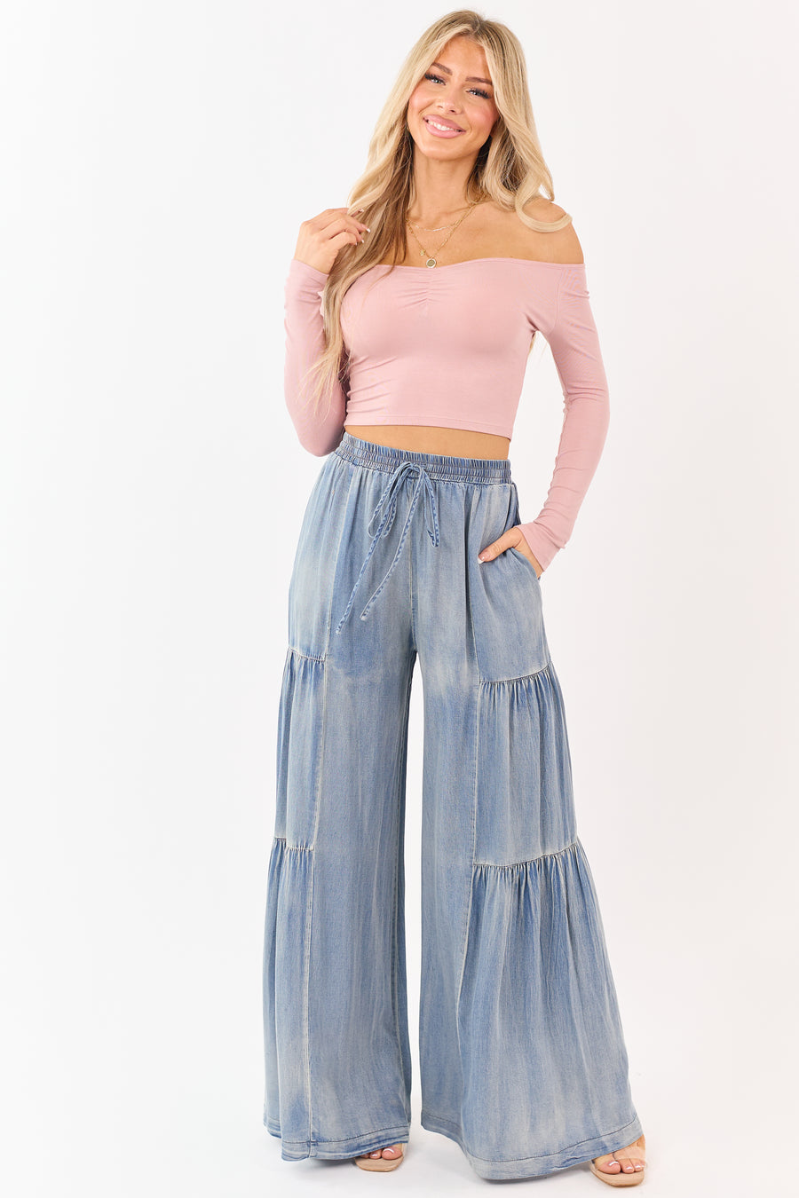 Light Vintage Wash Chambray Tiered Palazzo Leg Pants