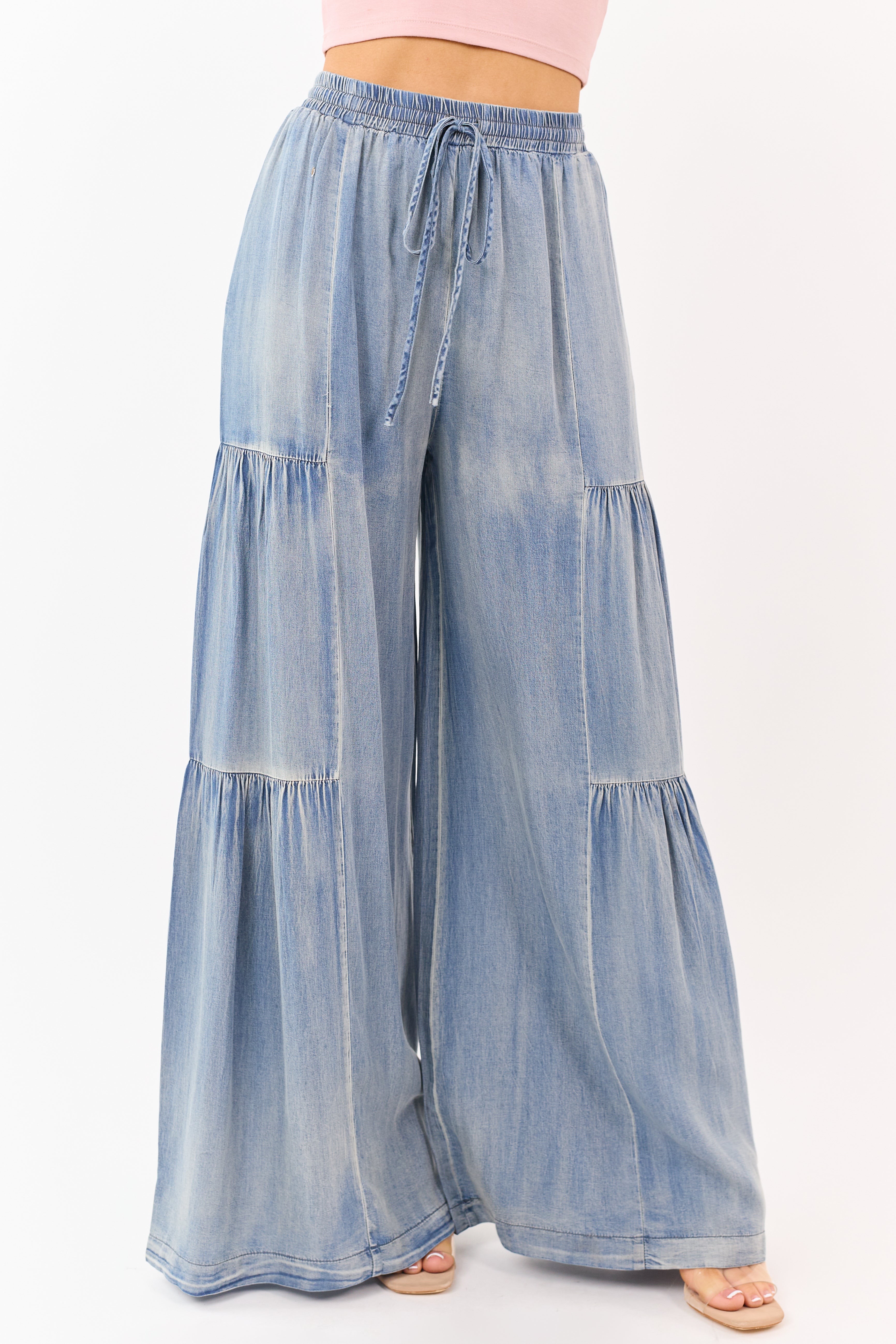 Light Vintage Wash Chambray Tiered Palazzo Leg Pants