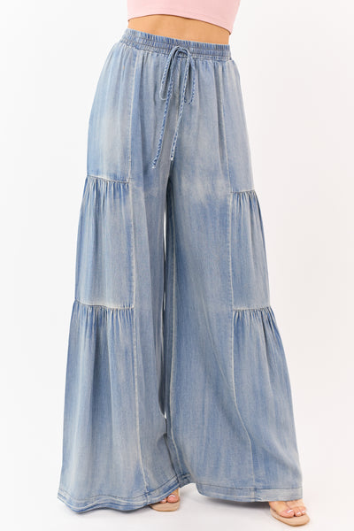 Light Vintage Wash Chambray Tiered Palazzo Leg Pants