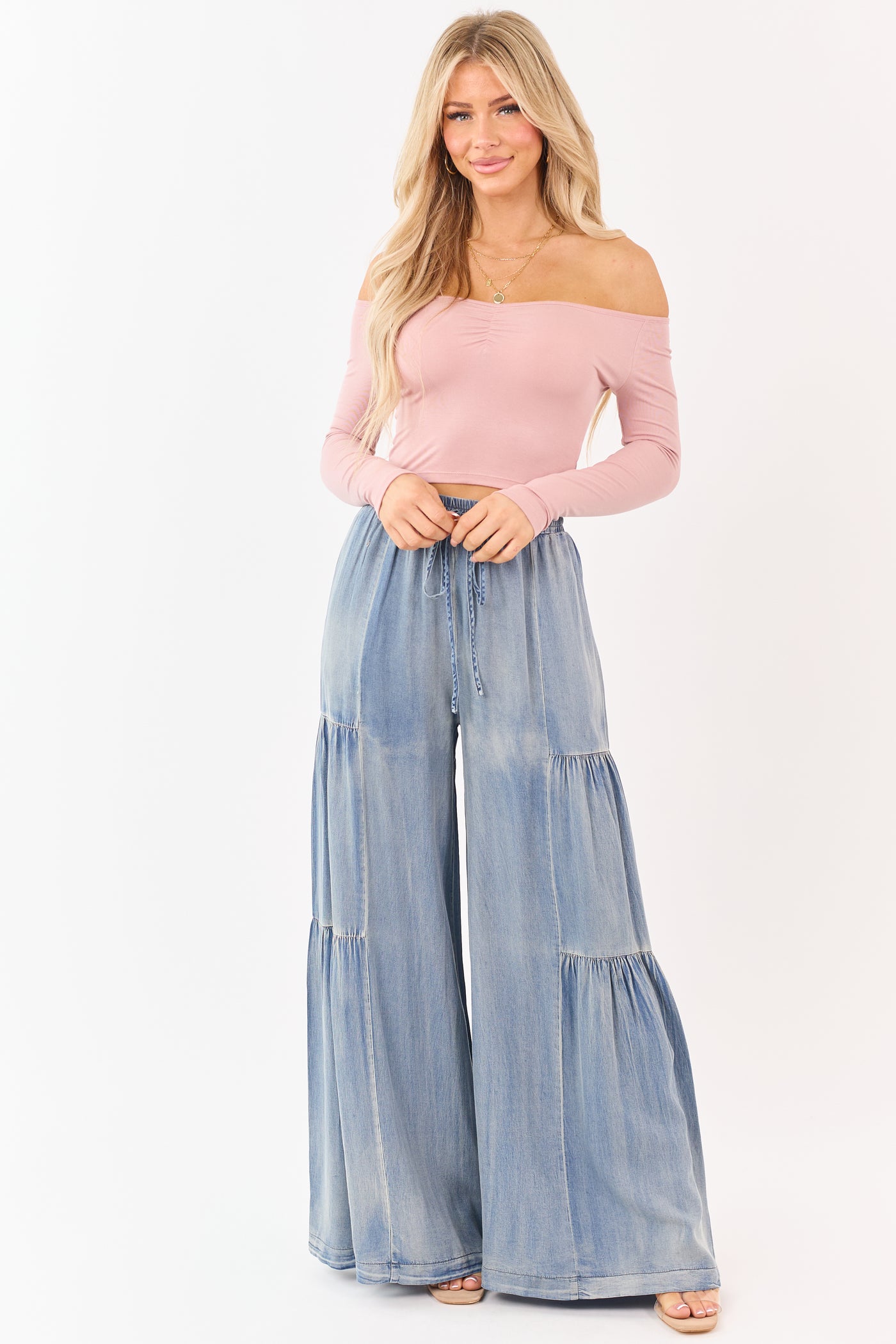 Light Vintage Wash Chambray Tiered Palazzo Leg Pants