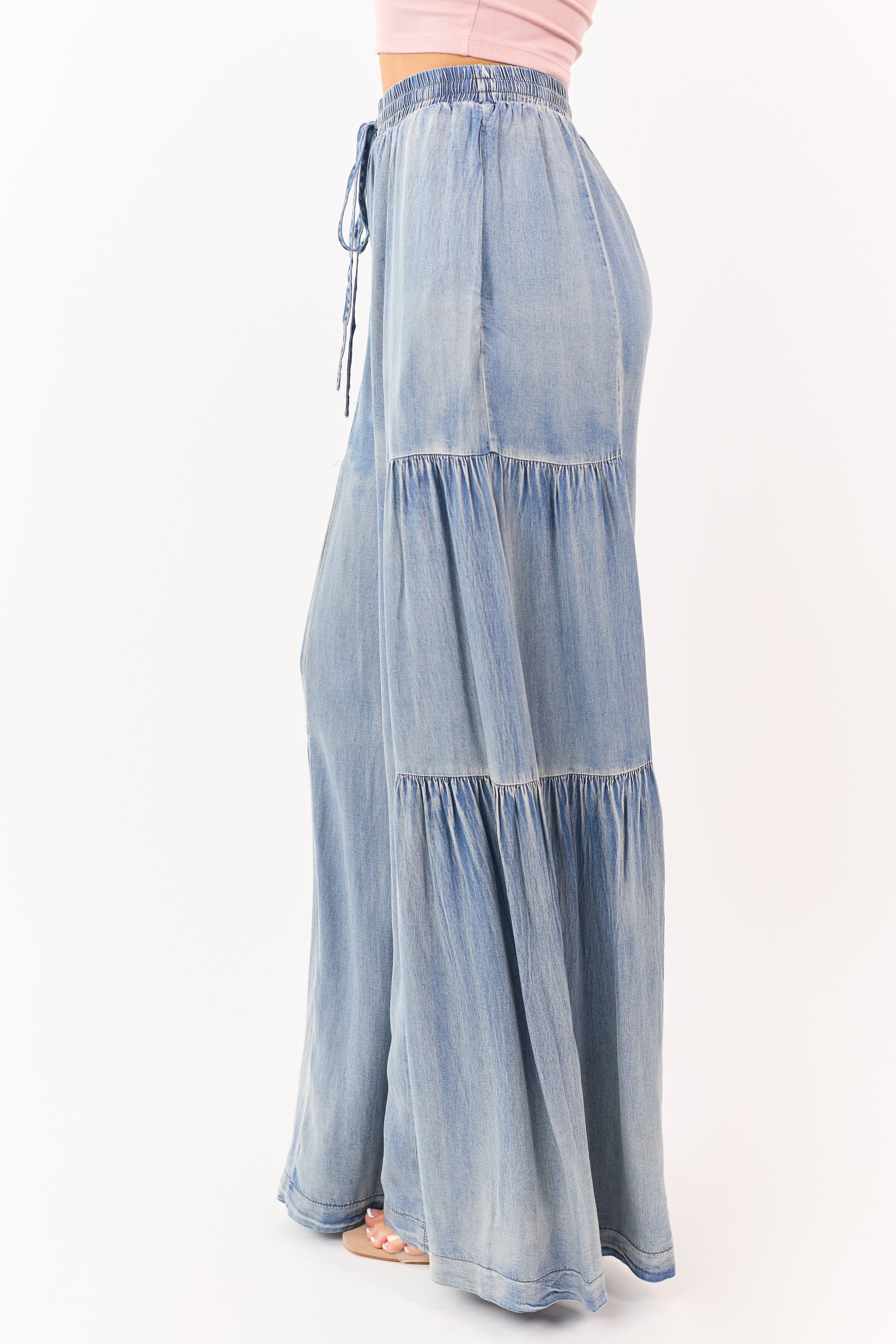 Light Vintage Wash Chambray Tiered Palazzo Leg Pants