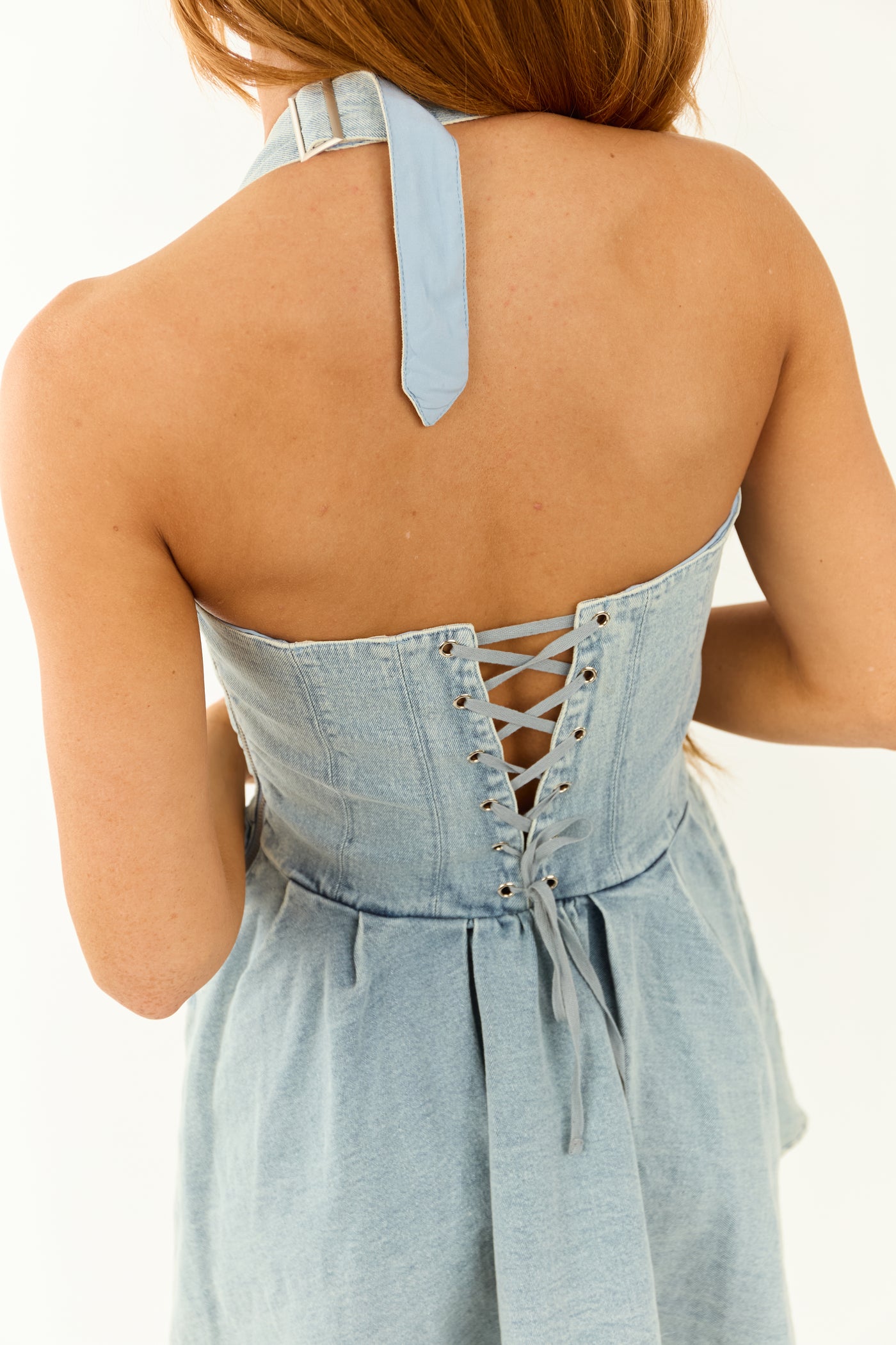 white christmas dresses Dark Wash Denim Halter Buckle Neckline Mini Dress white christmas dresses Dark Wash Denim Halter Buckle Neckline Mini Dress