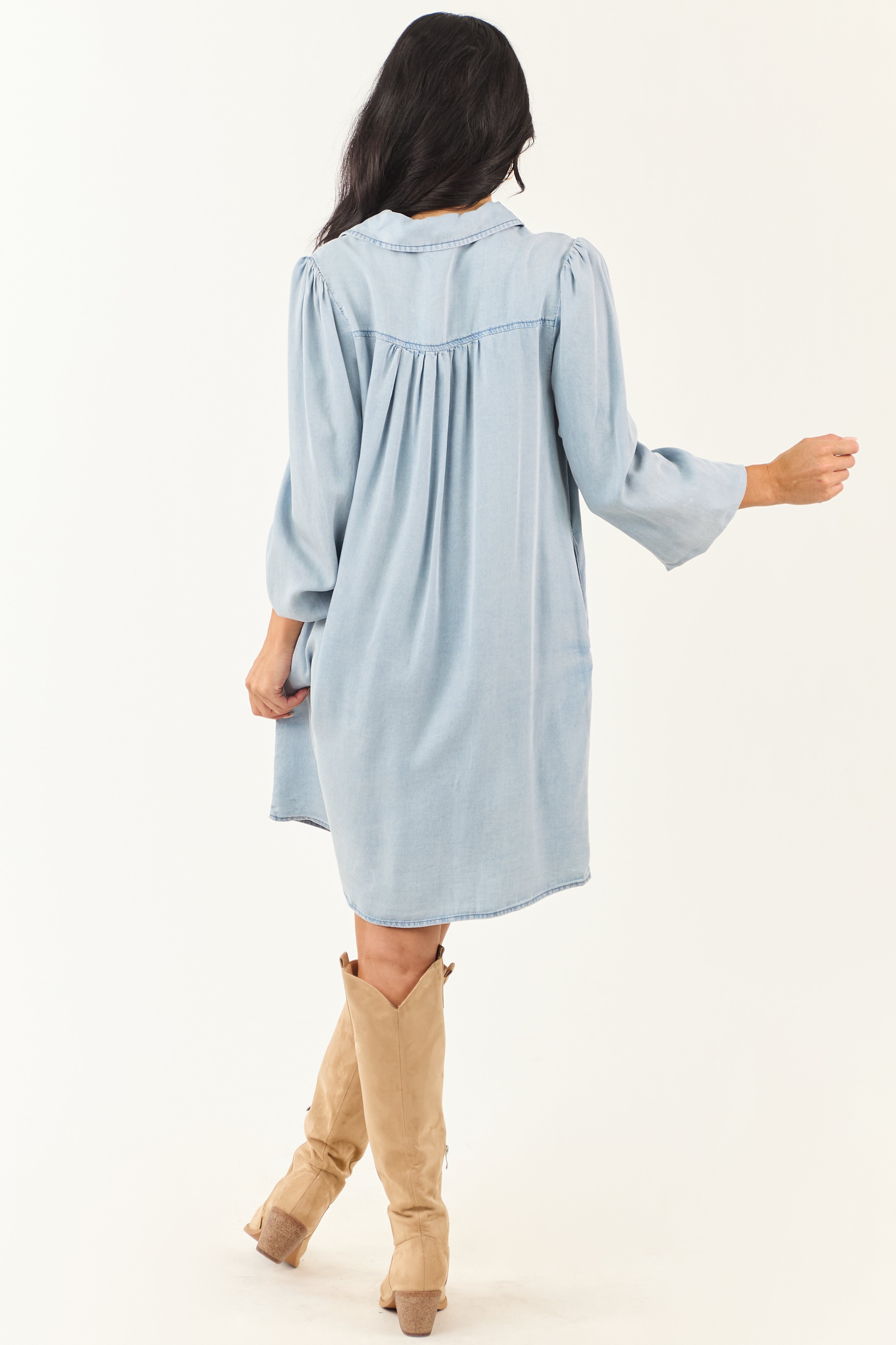 Light Wash Button Down Chambray Denim Mini Dress