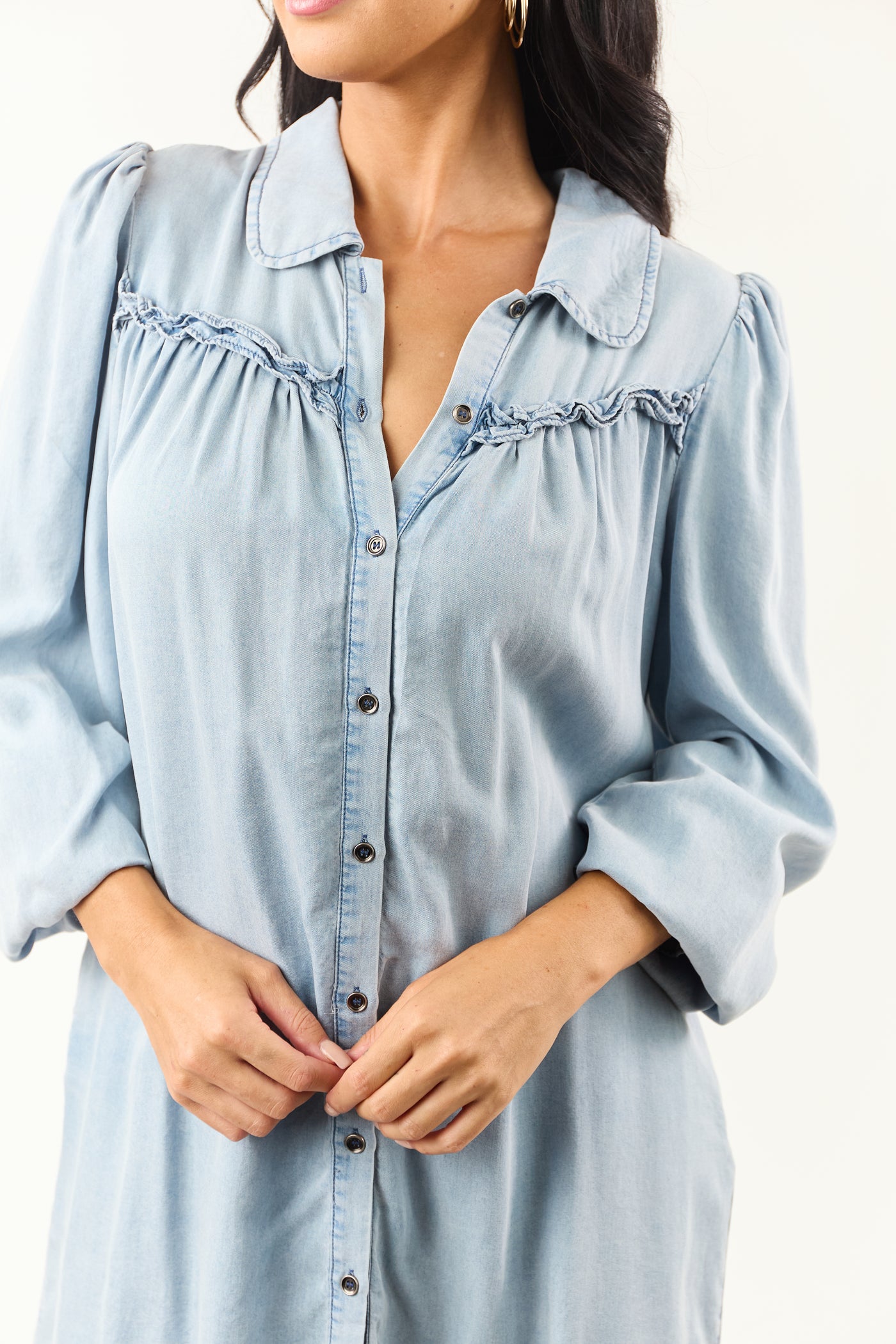 Light Wash Button Down Chambray Denim Mini Dress
