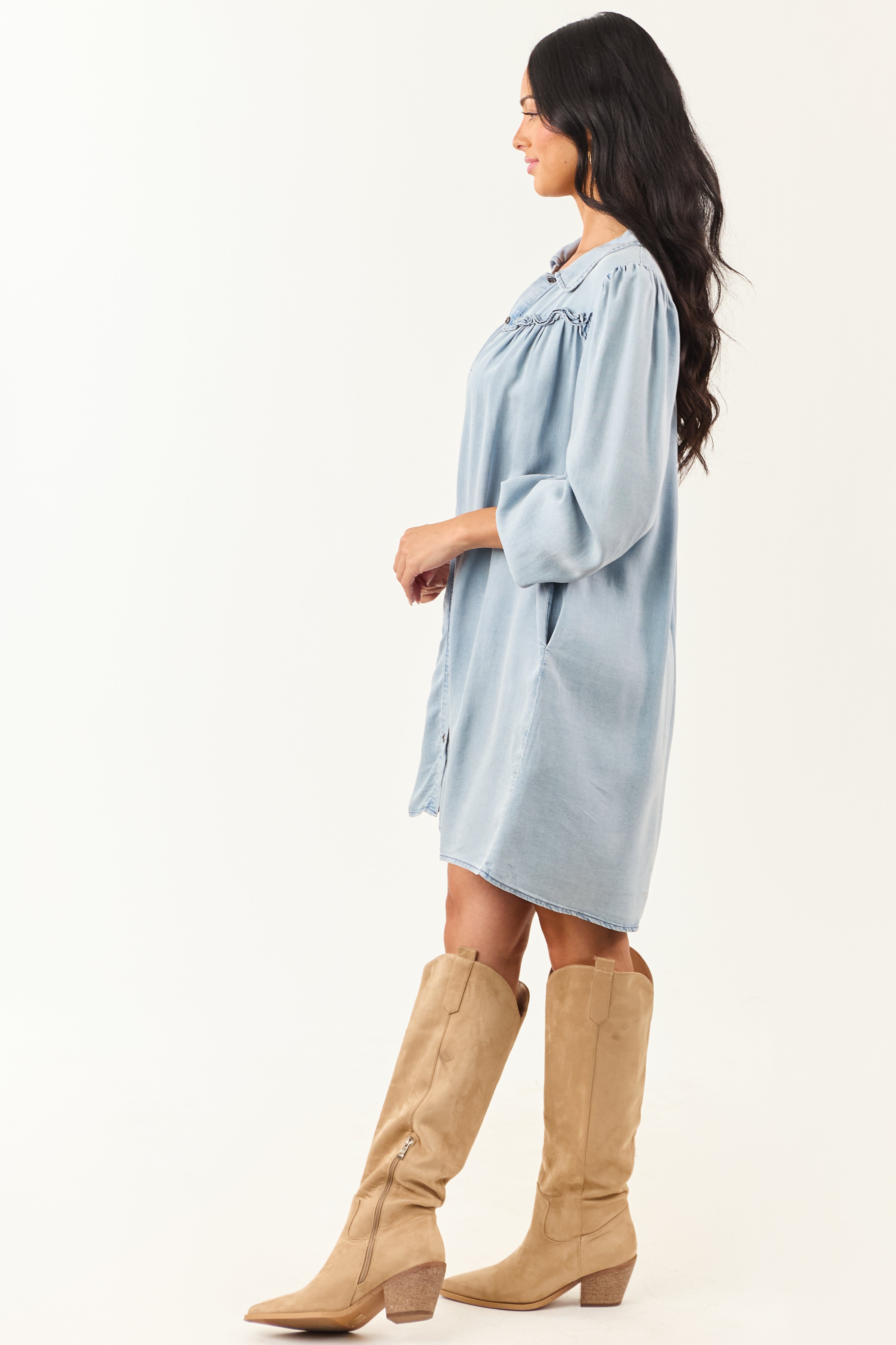 Light Wash Button Down Chambray Denim Mini Dress | Lime Lush Boutique
