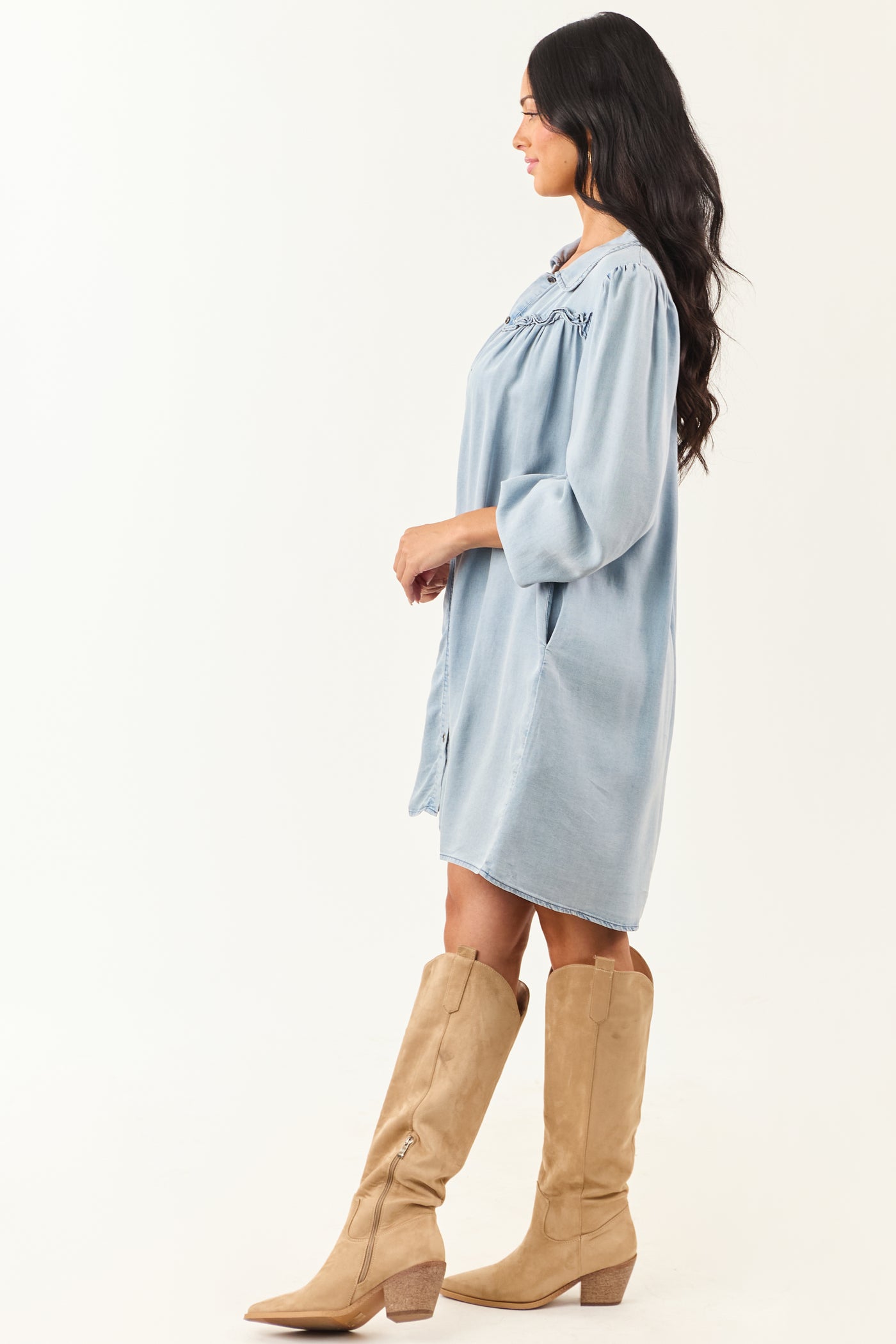 Light Wash Button Down Chambray Denim Mini Dress