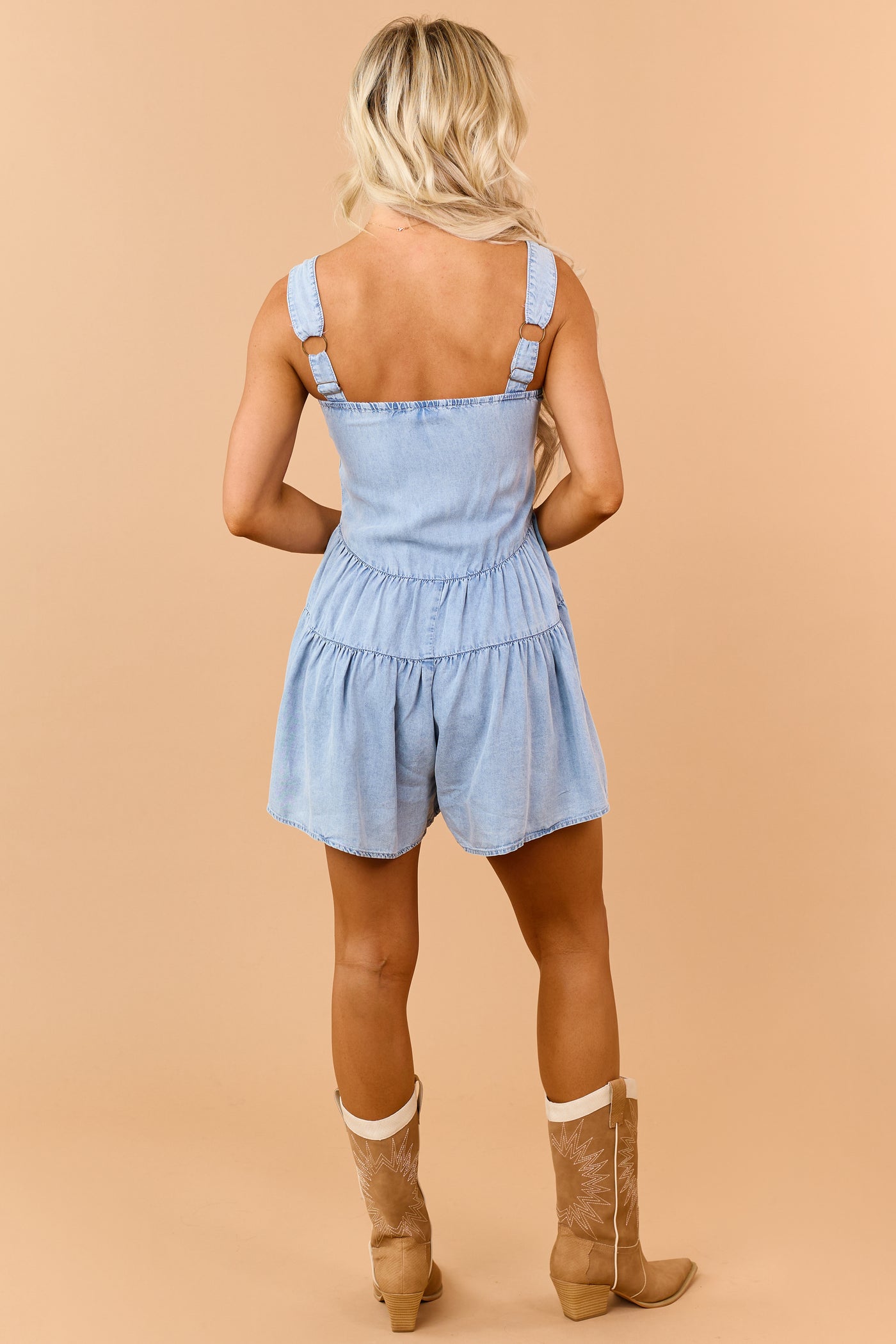 Light Wash Chambray Denim Buttoned Flare Romper