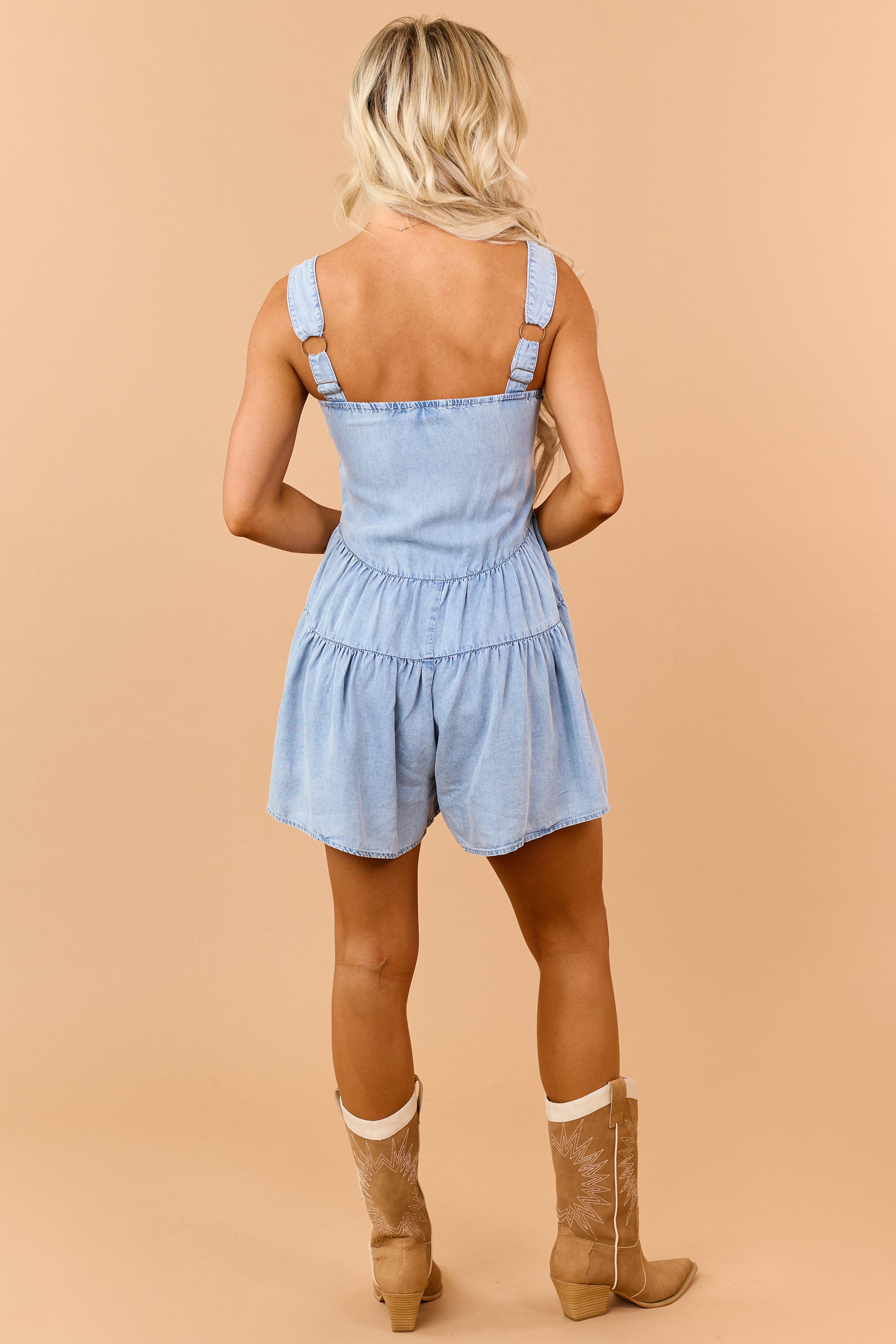 Light Wash Chambray Denim Buttoned Flare Romper