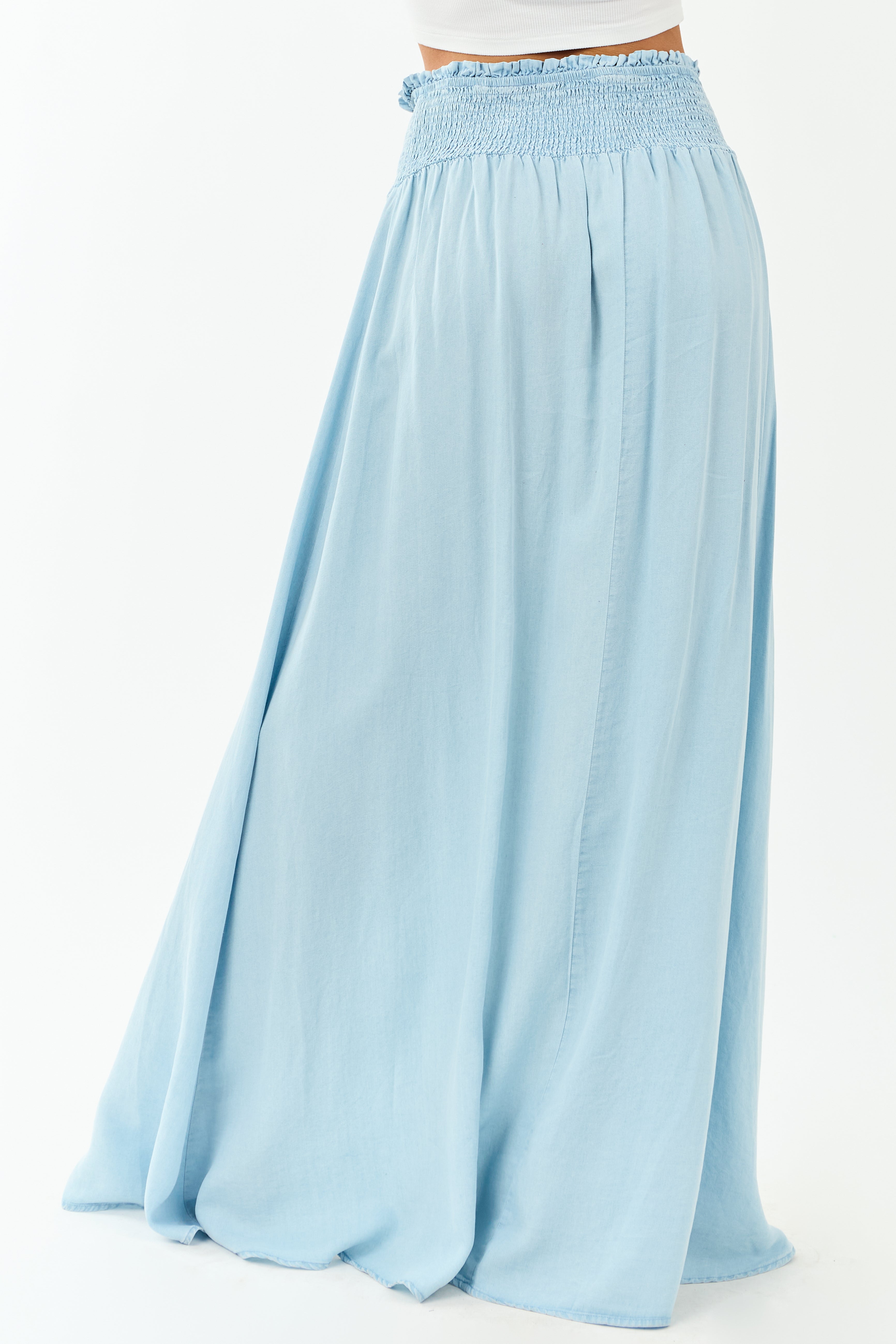 Light Wash Chambray Denim Front Slit Maxi Skirt