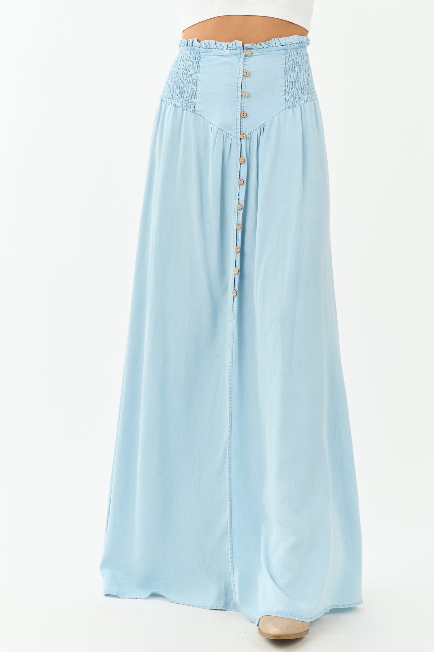 Light Wash Chambray Denim Front Slit Maxi Skirt
