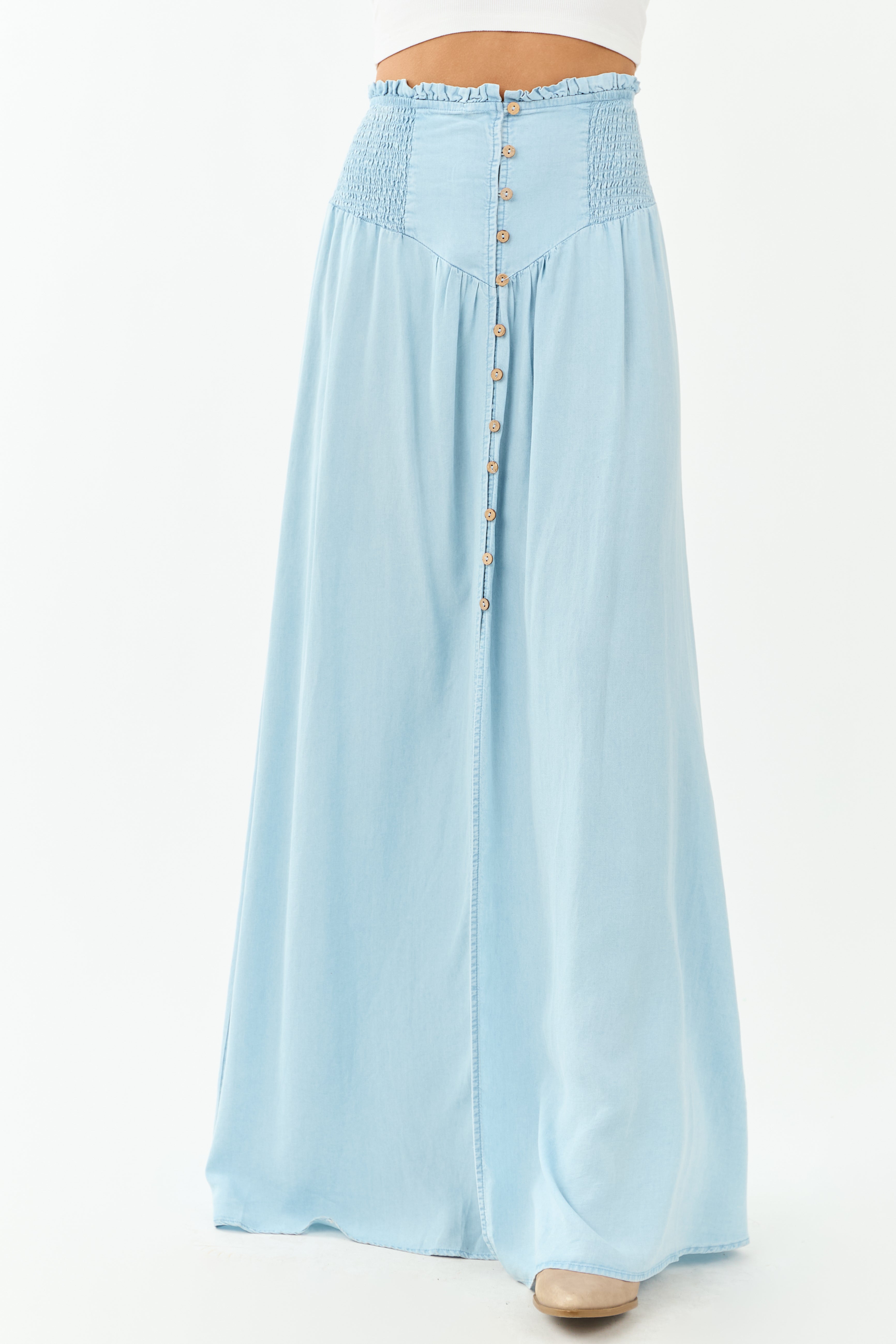 Light Wash Chambray Denim Front Slit Maxi Skirt