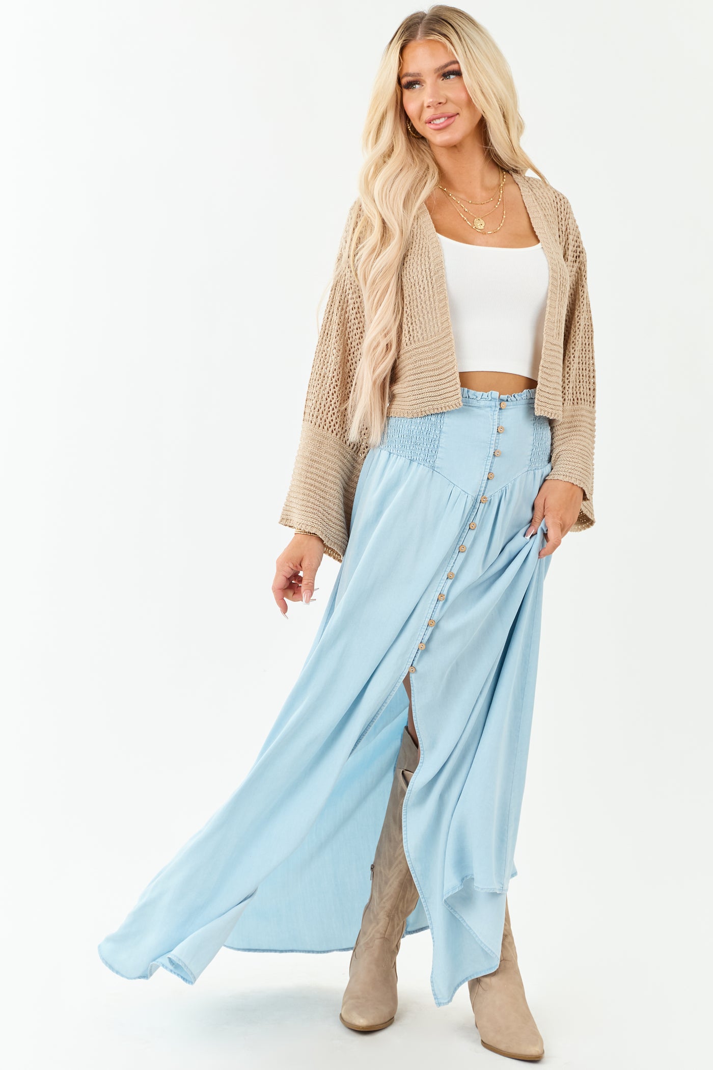 Light Wash Chambray Denim Front Slit Maxi Skirt