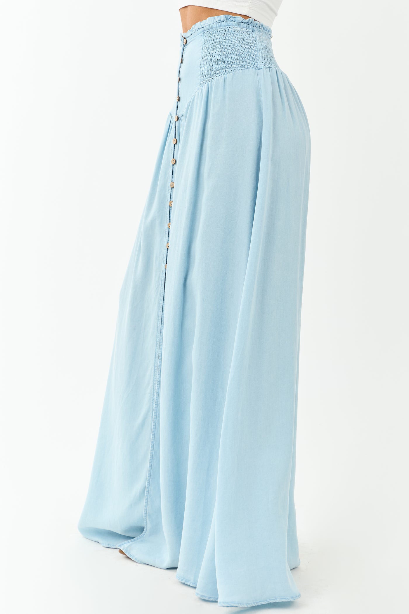 Light Wash Chambray Denim Front Slit Maxi Skirt