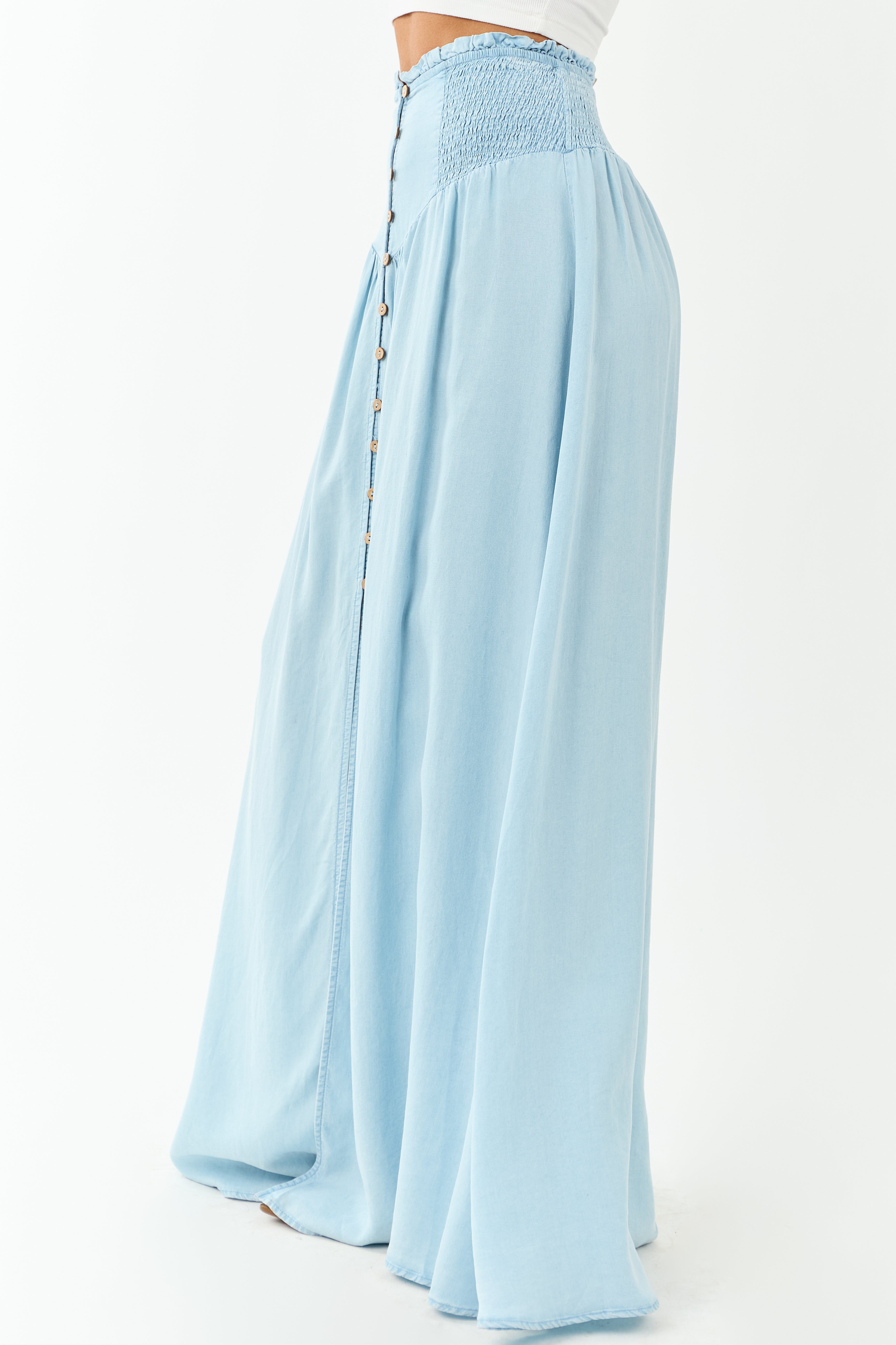 Light Wash Chambray Denim Front Slit Maxi Skirt