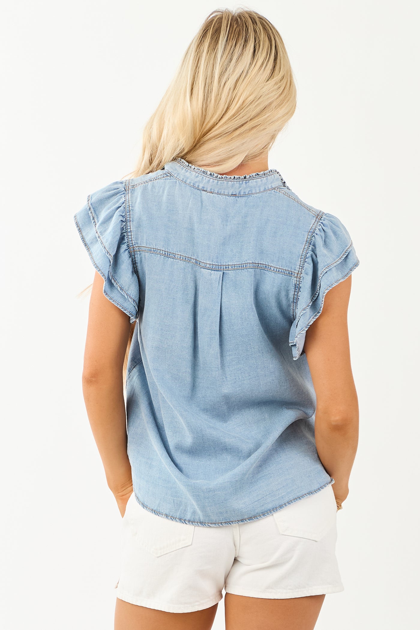 Light Wash Chambray Denim Ruffle Sleeve Top