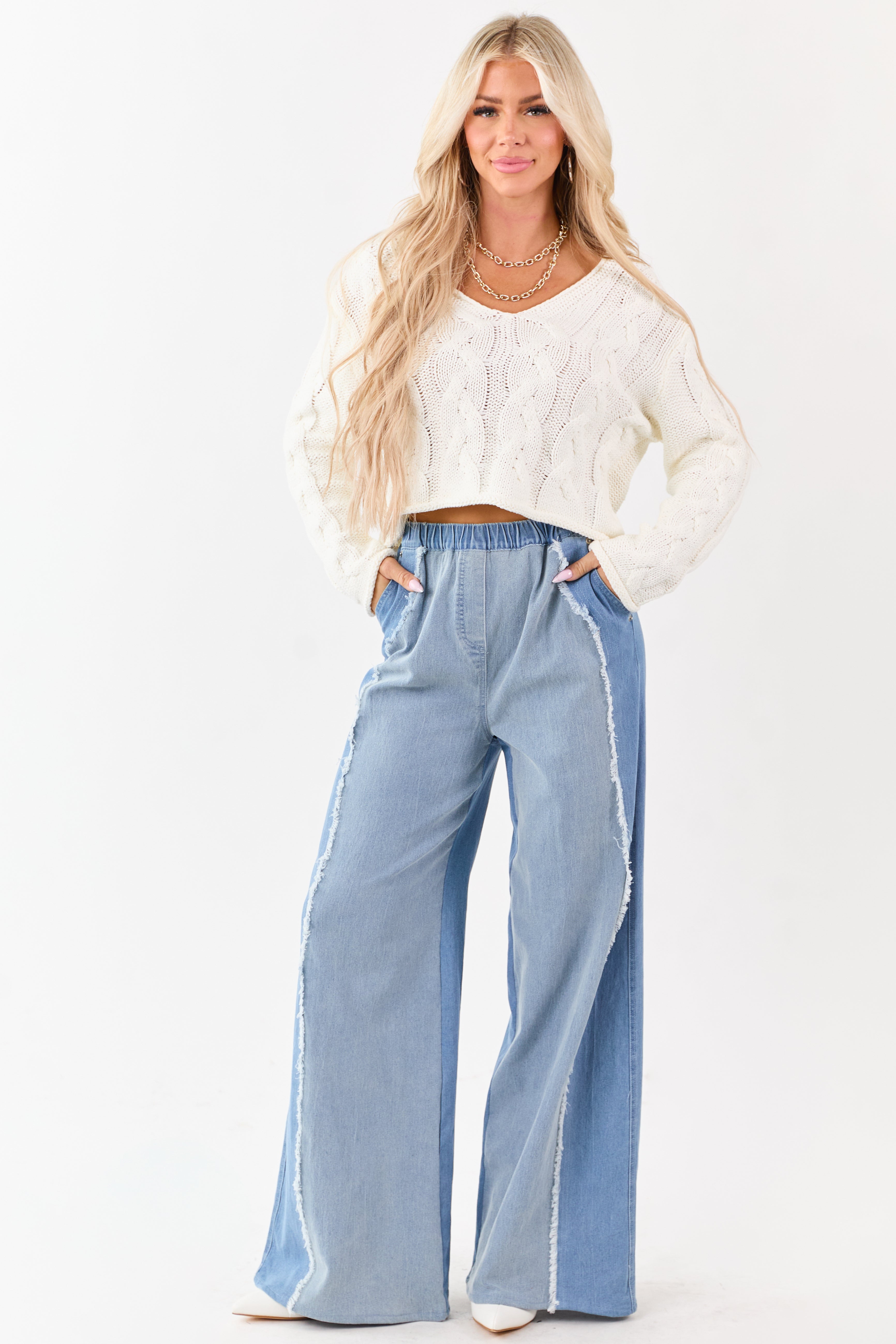 Light Wash Colorblock Elastic Waist Wide Denim Pants