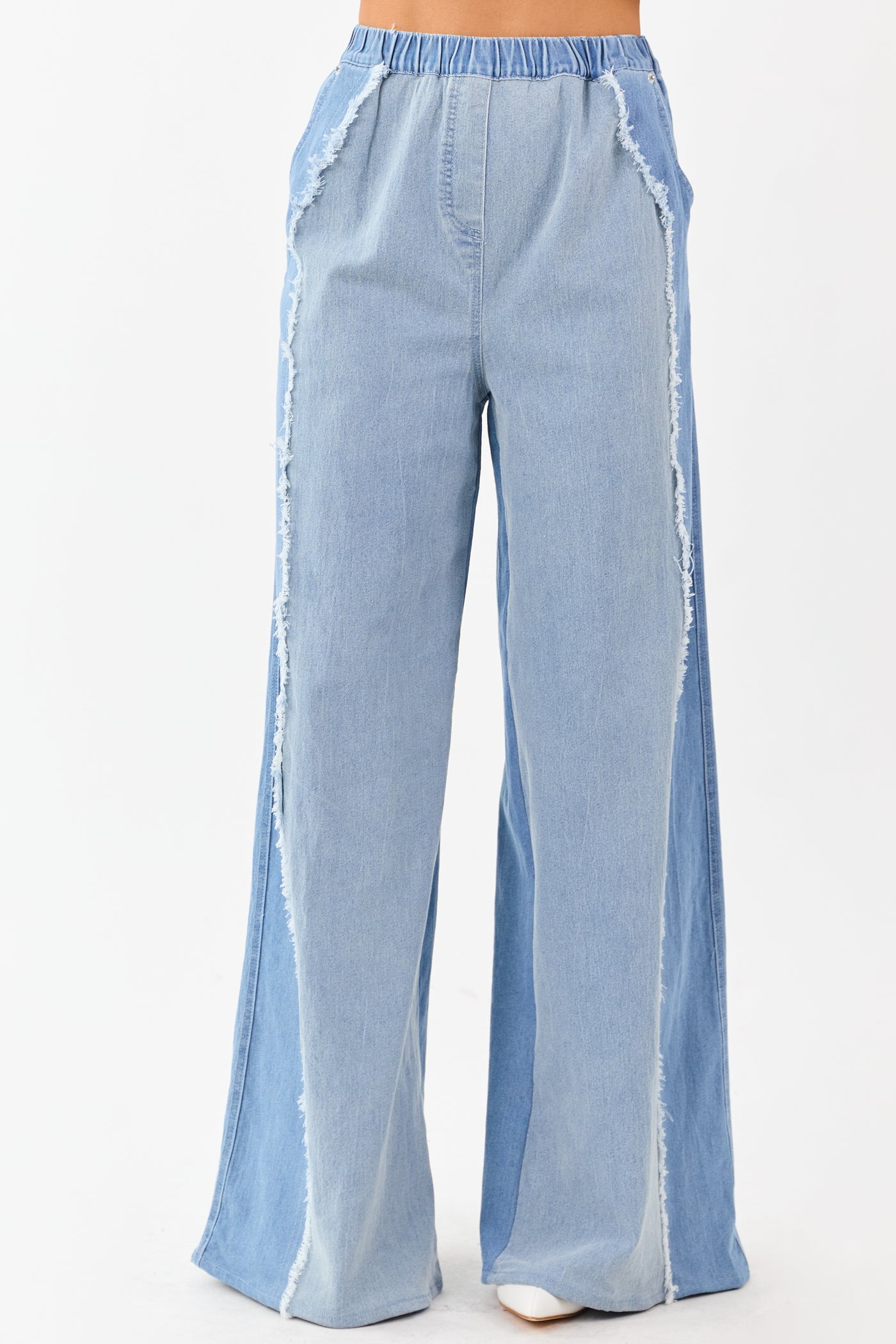 Light Wash Colorblock Elastic Waist Wide Denim Pants