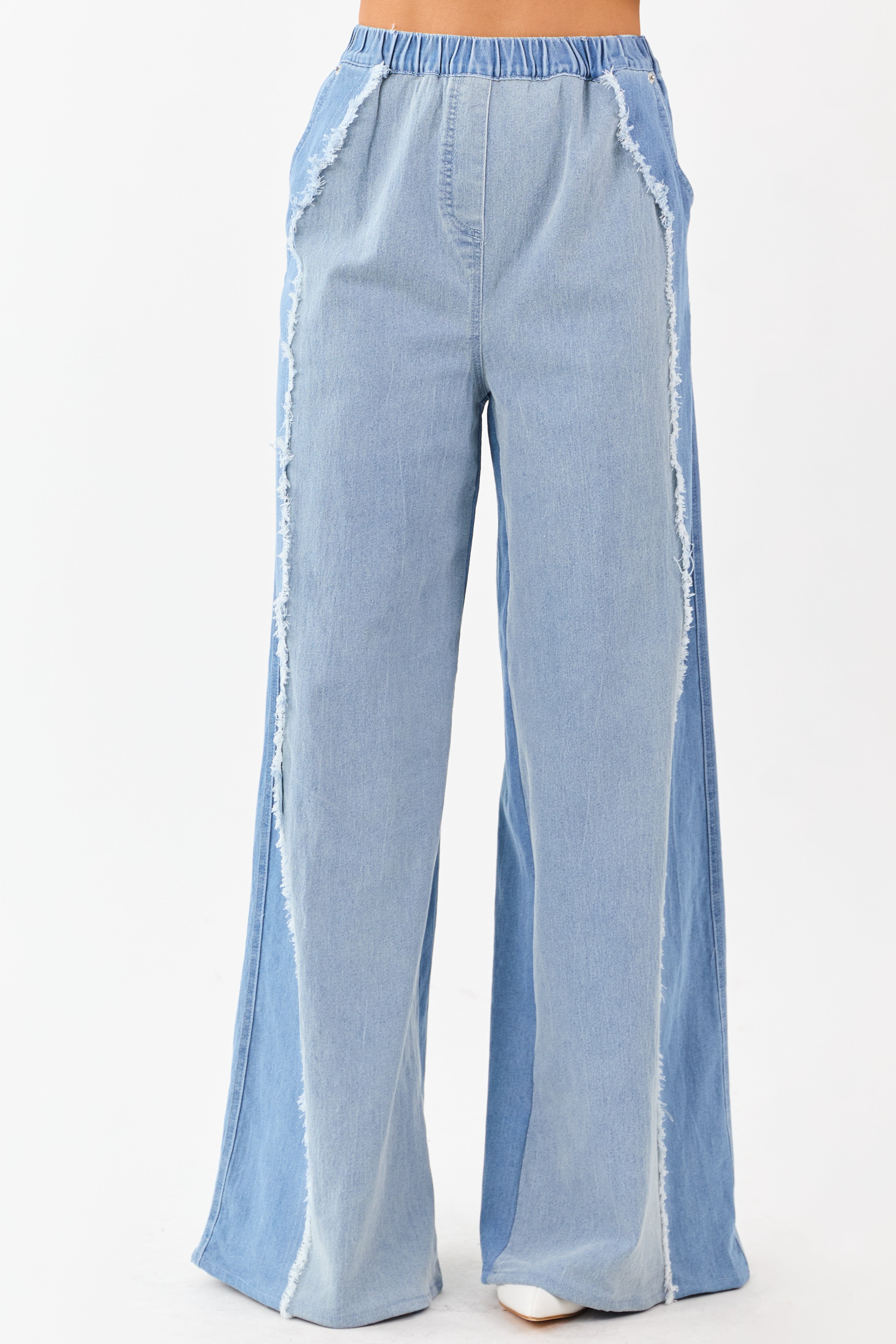 Light Wash Colorblock Elastic Waist Wide Denim Pants
