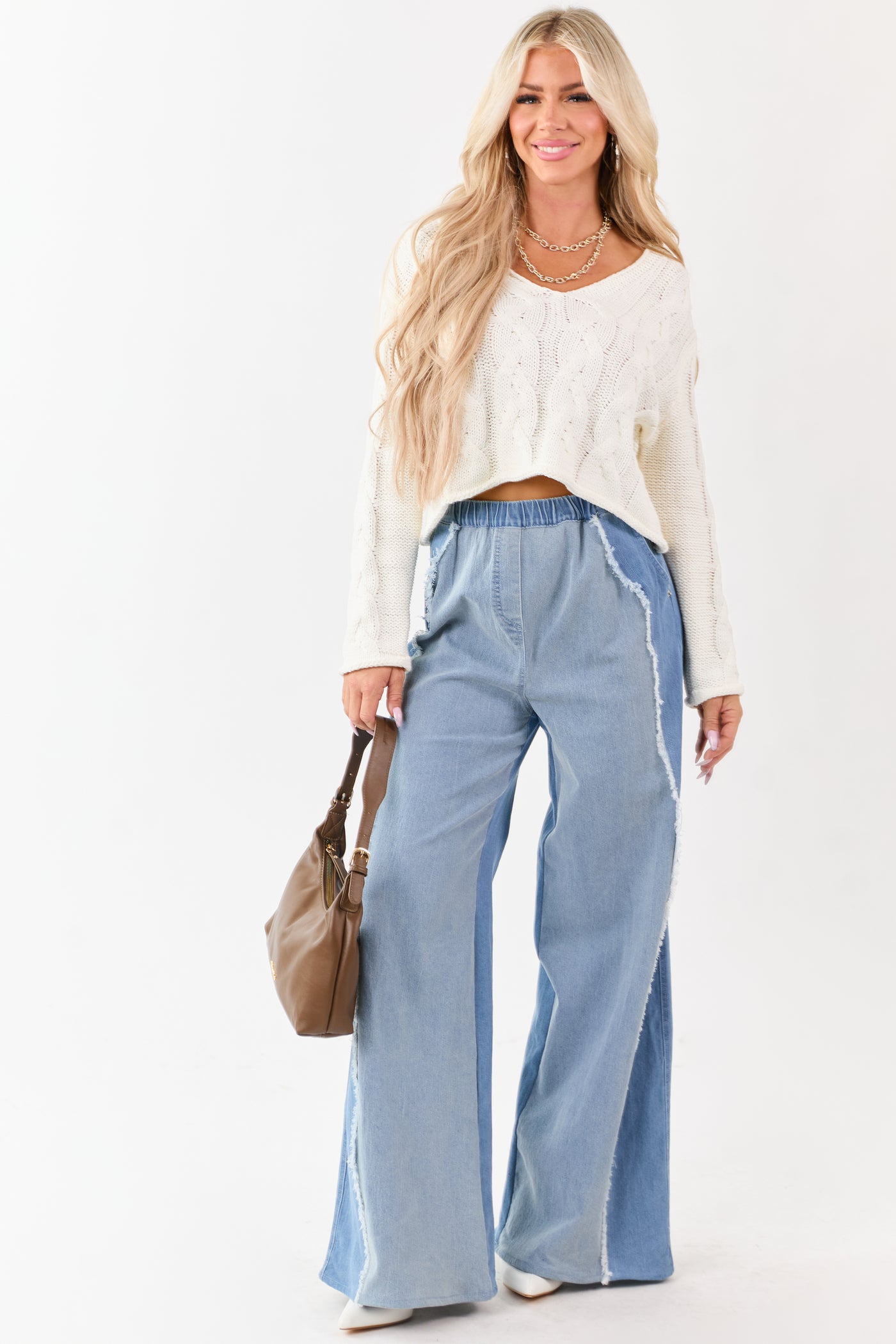 Light Wash Colorblock Elastic Waist Wide Denim Pants