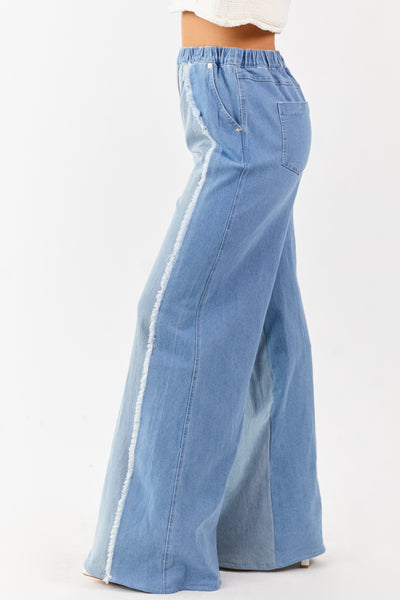 Light Wash Colorblock Elastic Waist Wide Denim Pants