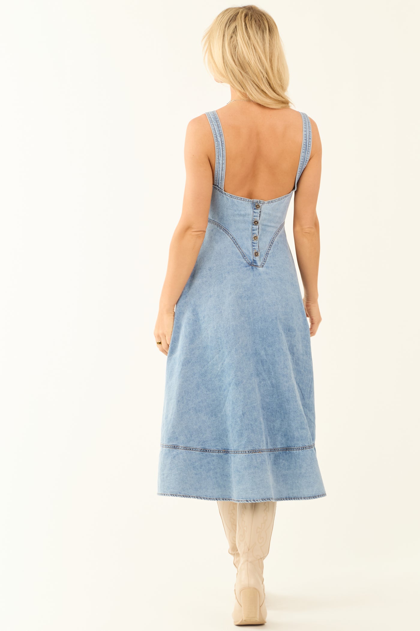Light Wash Denim Buckle Strap Corset Midi Dress - S Light Wash Denim Buckle Strap Corset Midi Dress - S