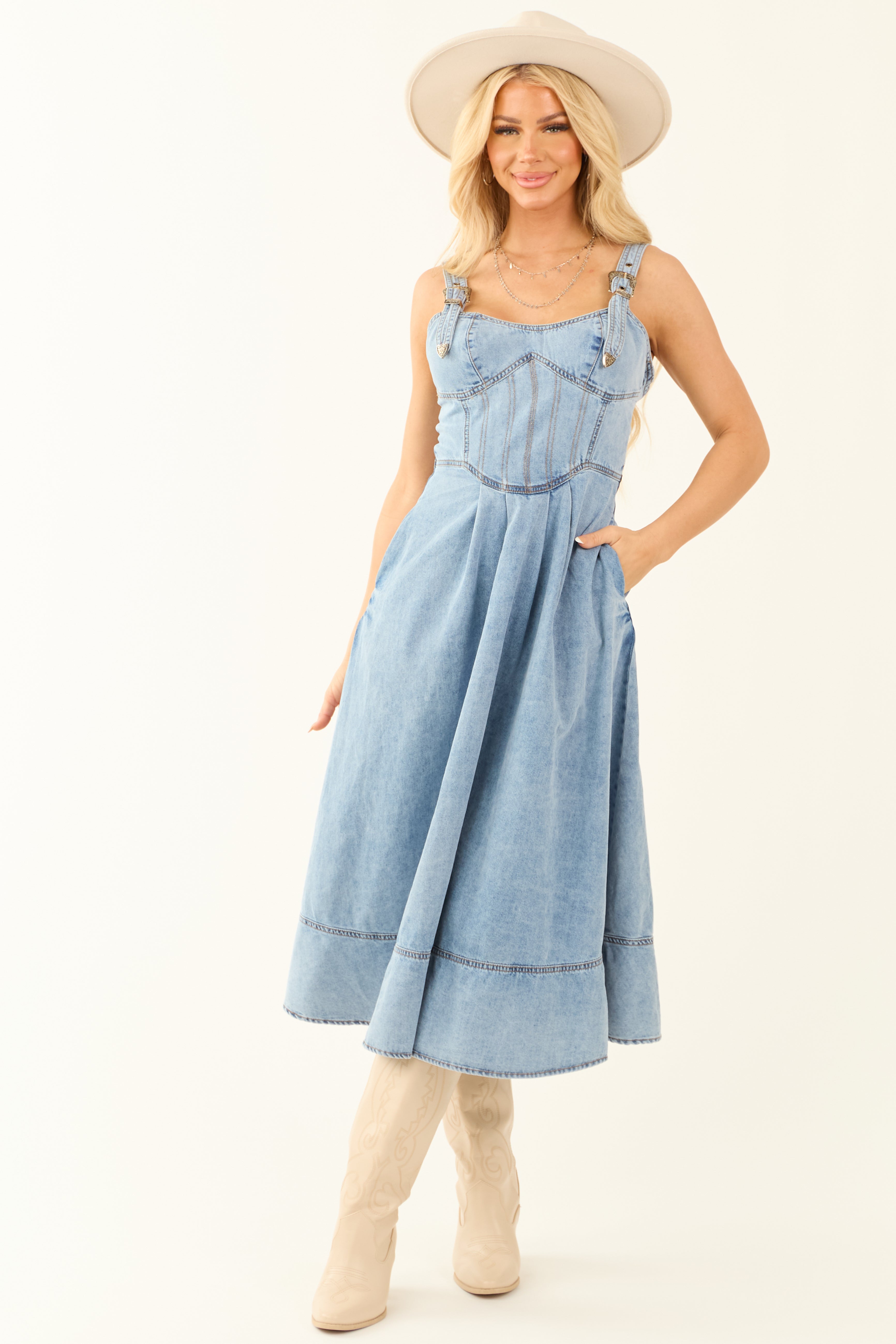 Light Wash Denim Buckle Strap Corset Midi Dress - S Light Wash Denim Buckle Strap Corset Midi Dress - S