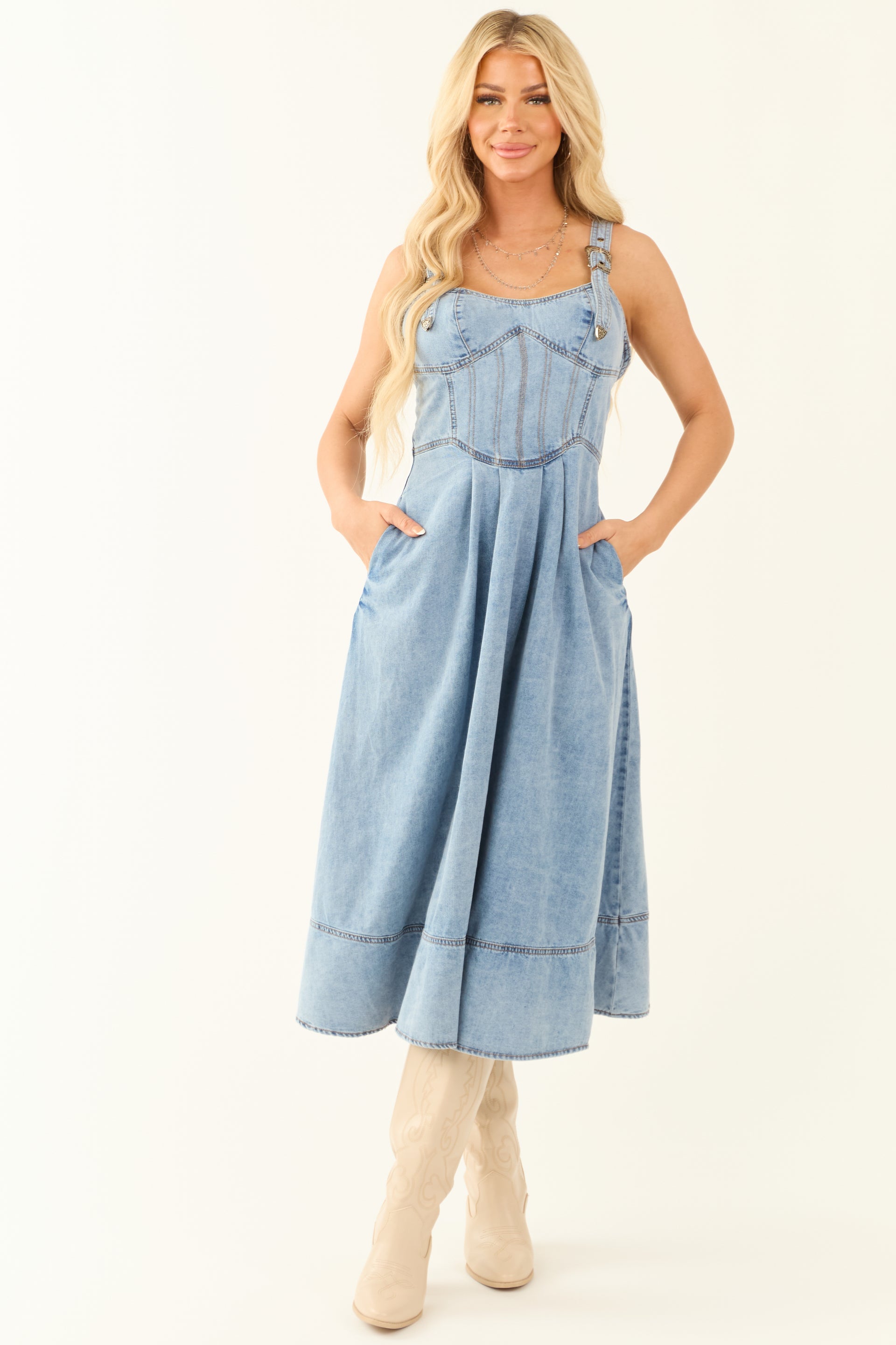 Light Wash Denim Buckle Strap Corset Midi Dress | Lime Lush Boutique Light Wash Denim Buckle Strap Corset Midi Dress | Lime Lush Boutique