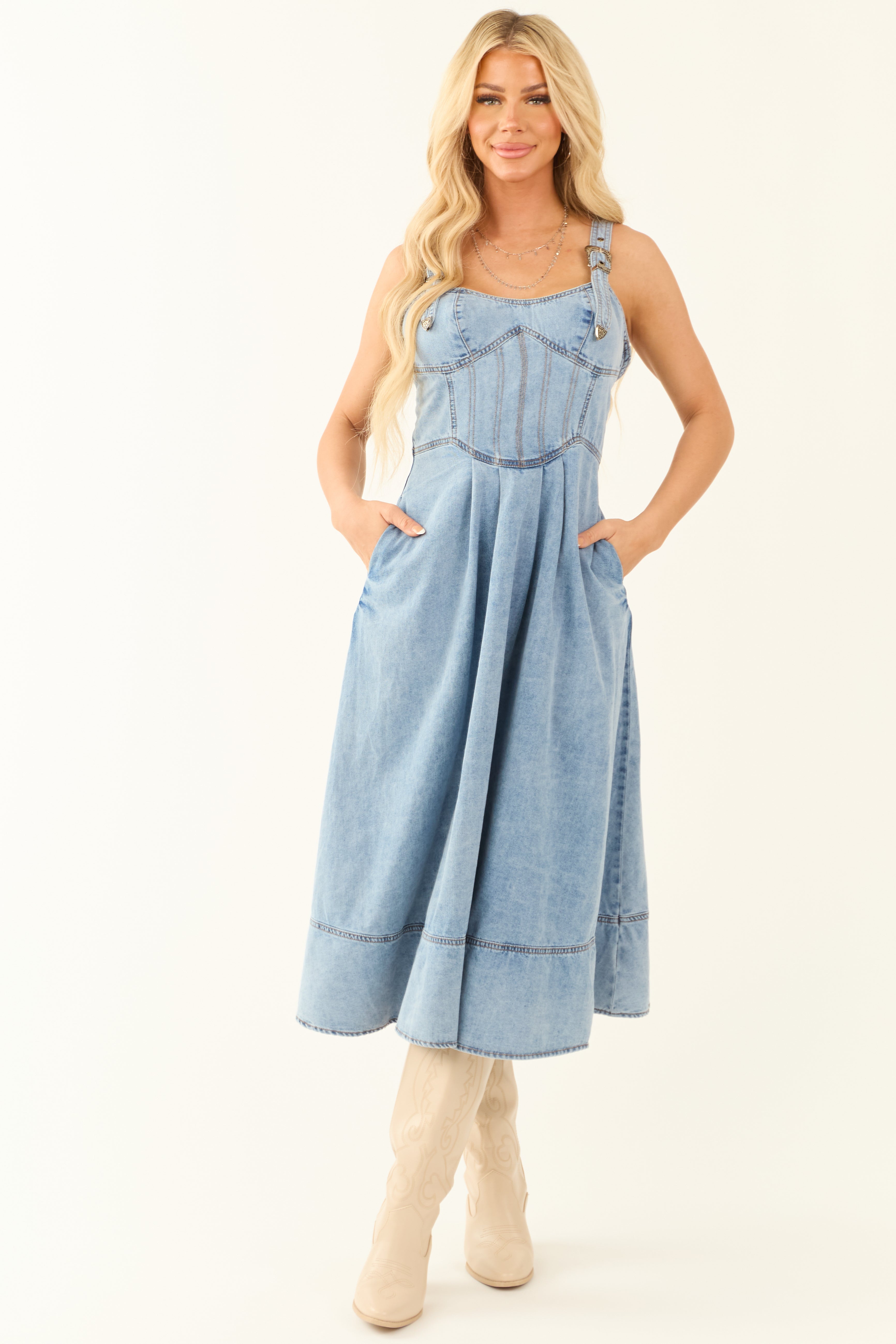 Light Wash Denim Buckle Strap Corset Midi Dress | Lime Lush Boutique Light Wash Denim Buckle Strap Corset Midi Dress | Lime Lush Boutique