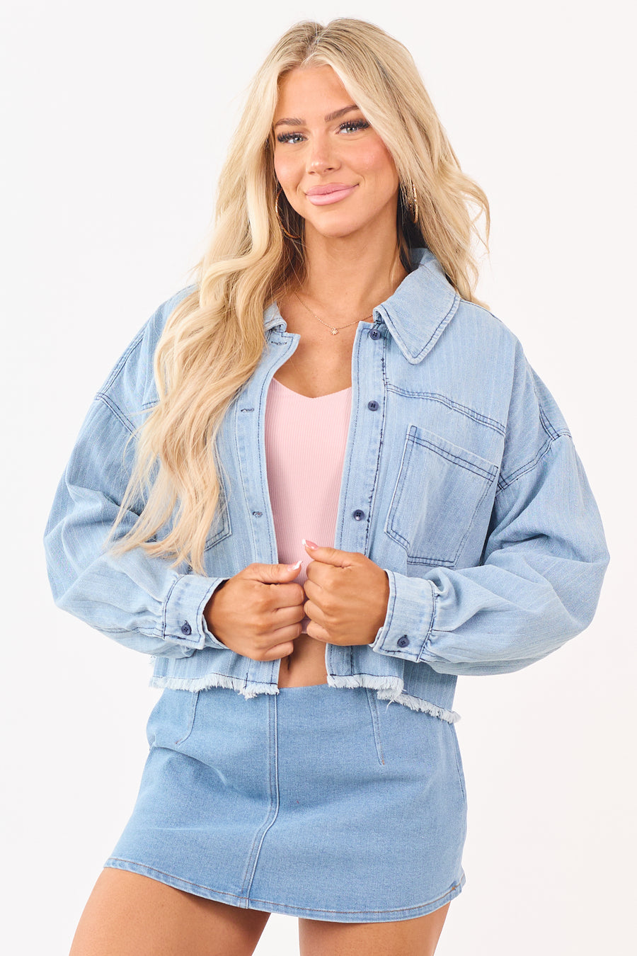 Light Wash Denim Button Down Boxy Shacket