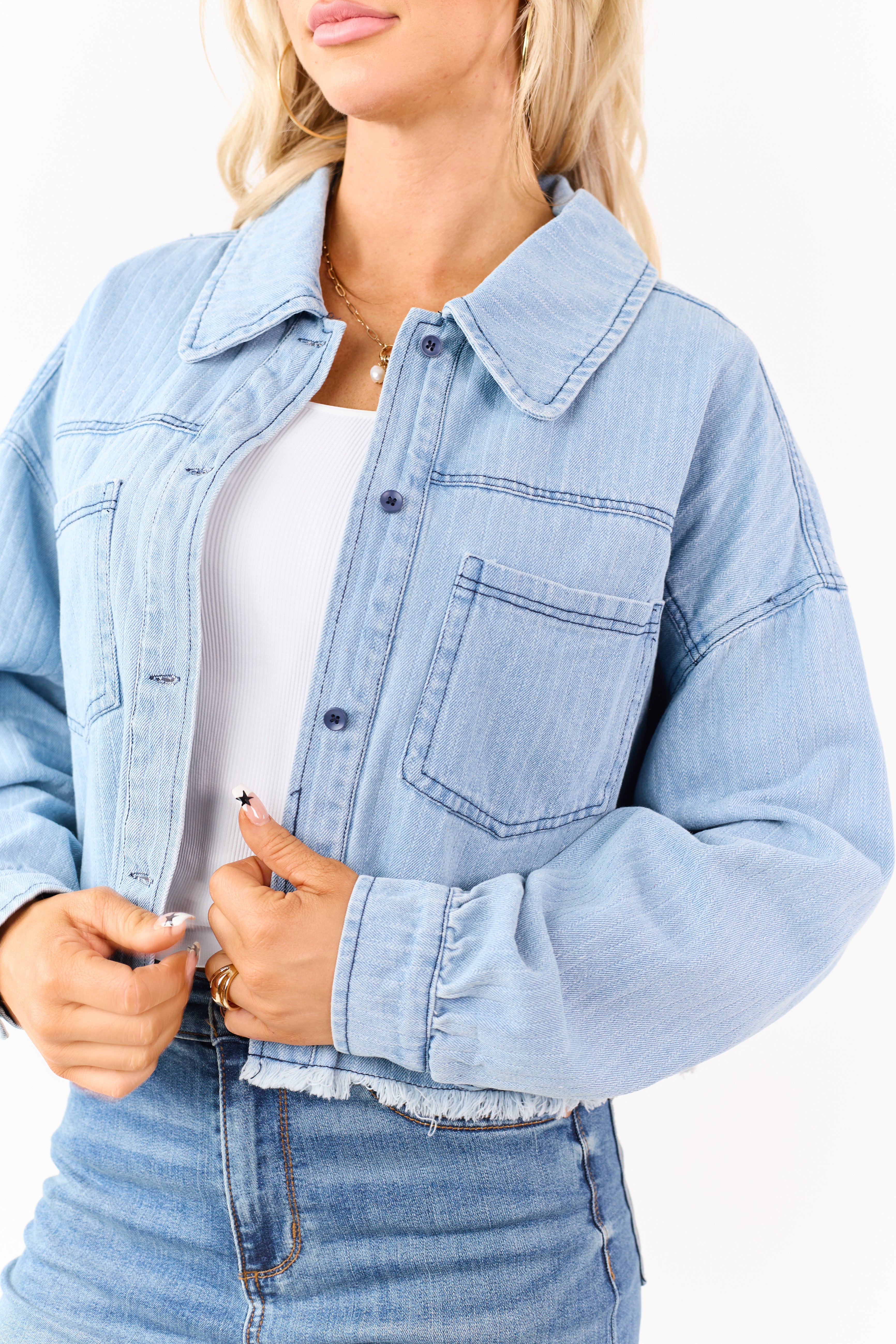 Light Wash Denim Button Down Boxy Shacket