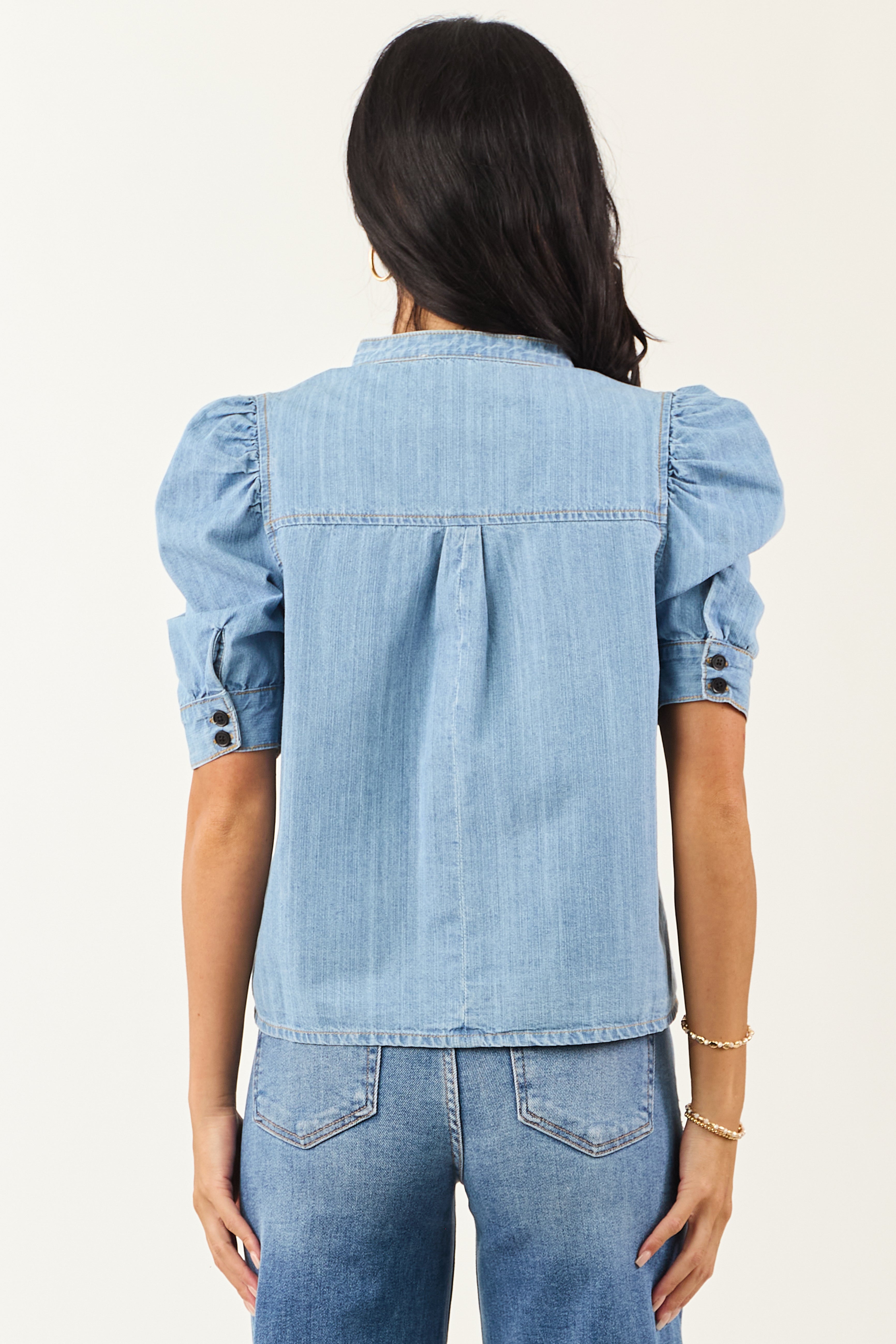 Light Wash Denim Button Down Ruched Sleeve Top