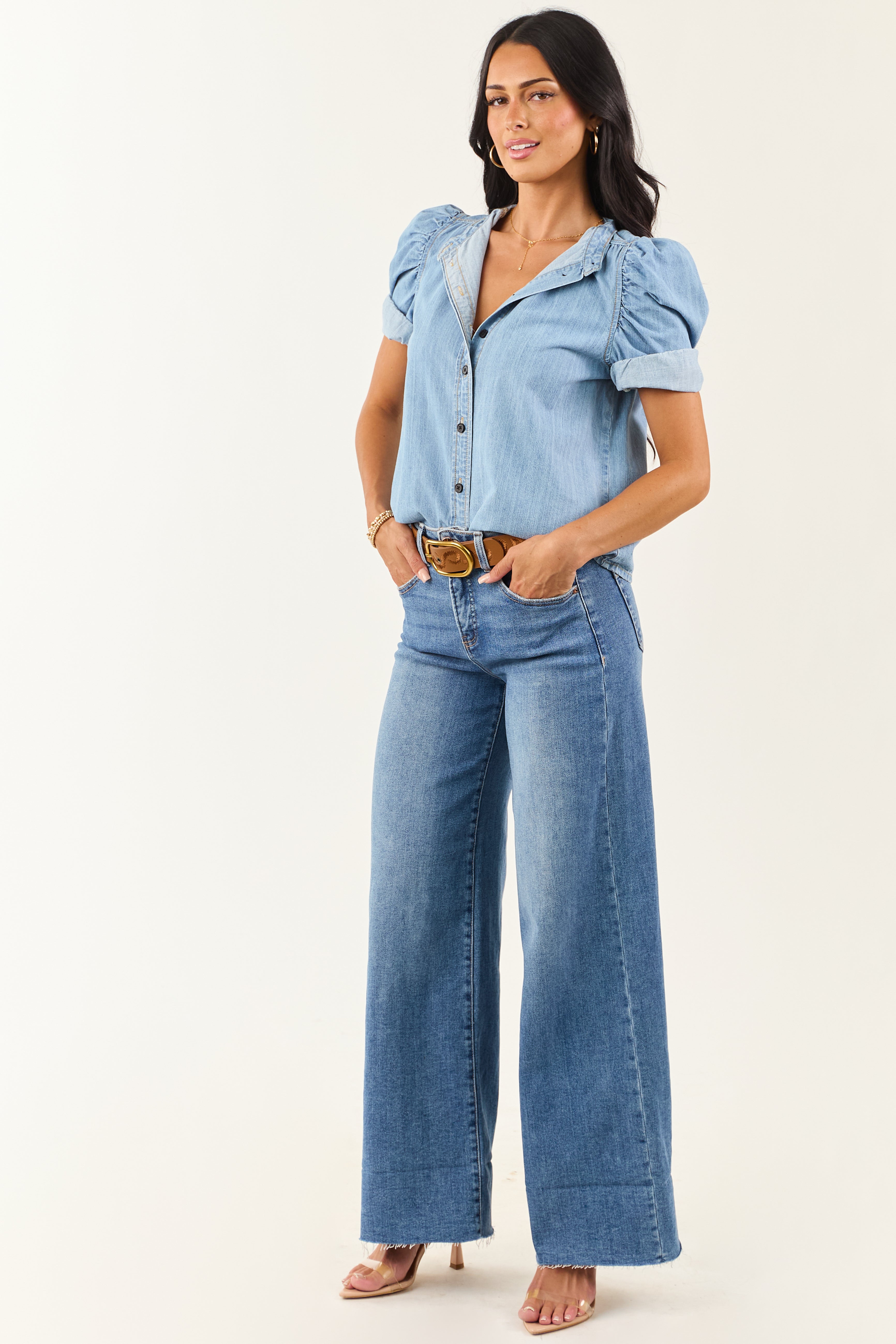 Light Wash Denim Button Down Ruched Sleeve Top