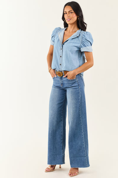Light Wash Denim Button Down Ruched Sleeve Top