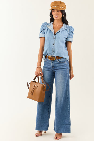 Light Wash Denim Button Down Ruched Sleeve Top