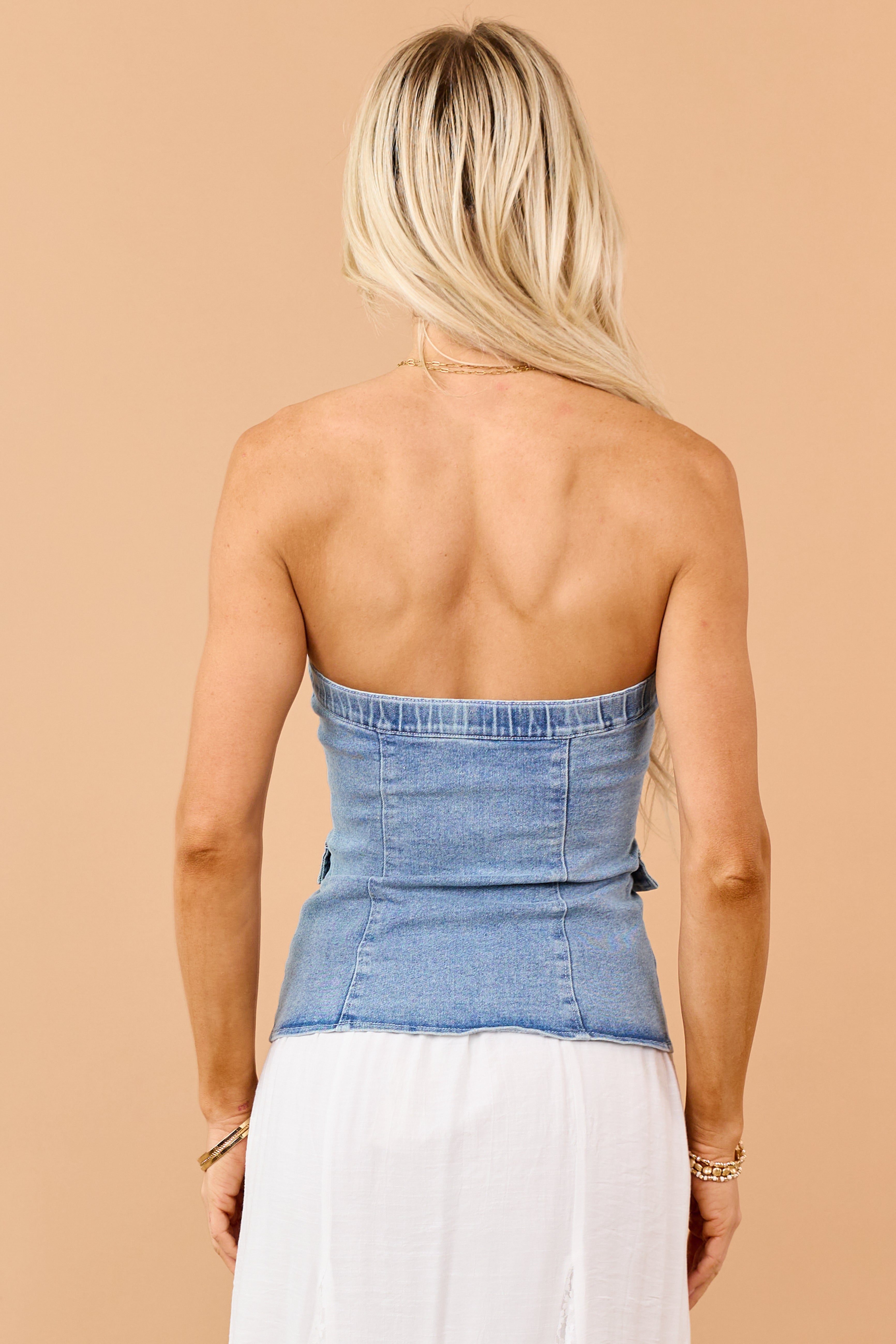 Light Wash Denim Button Down Strapless Top