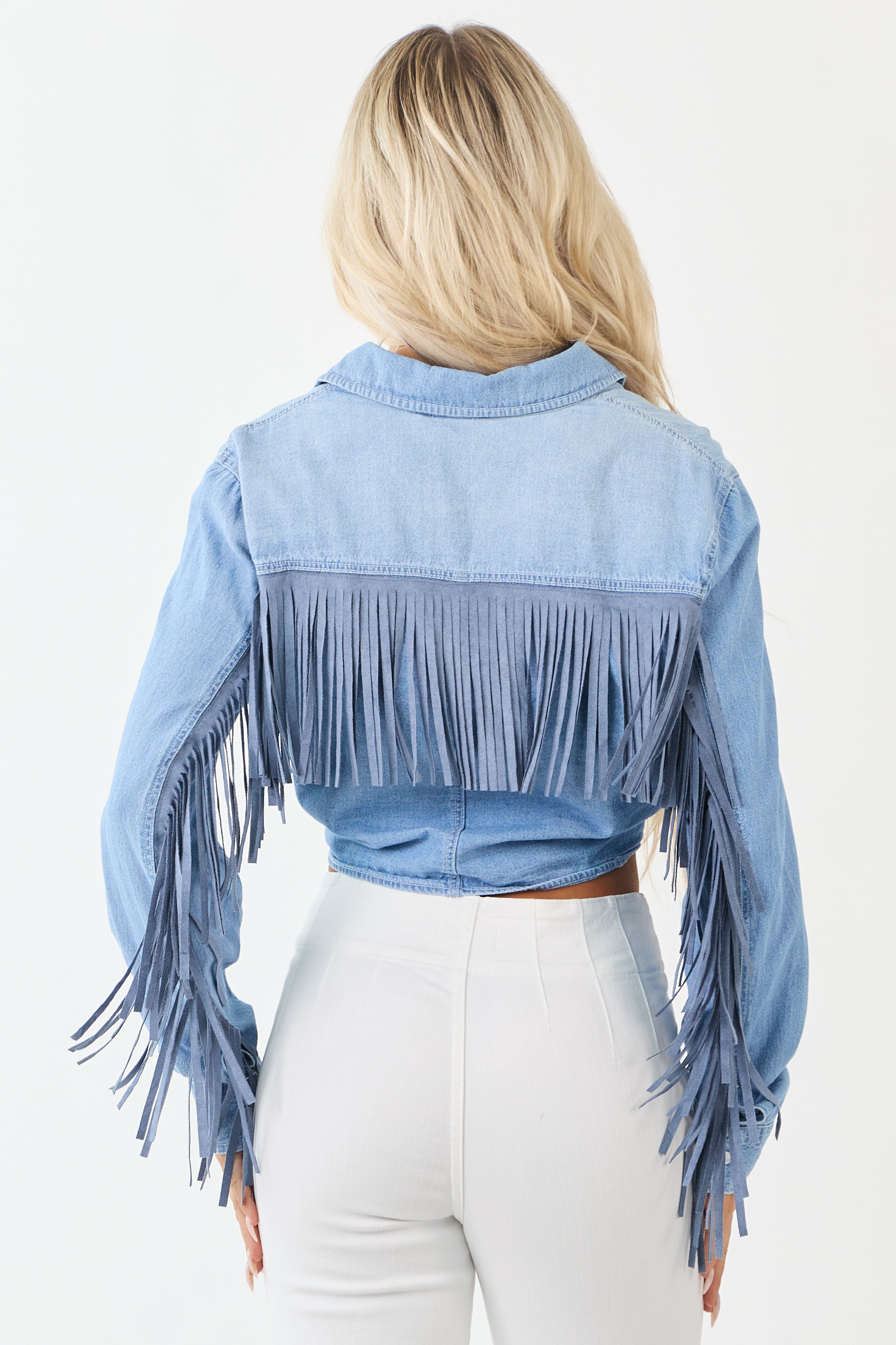 Light Wash Denim Button Up Tie Front Fringe Top