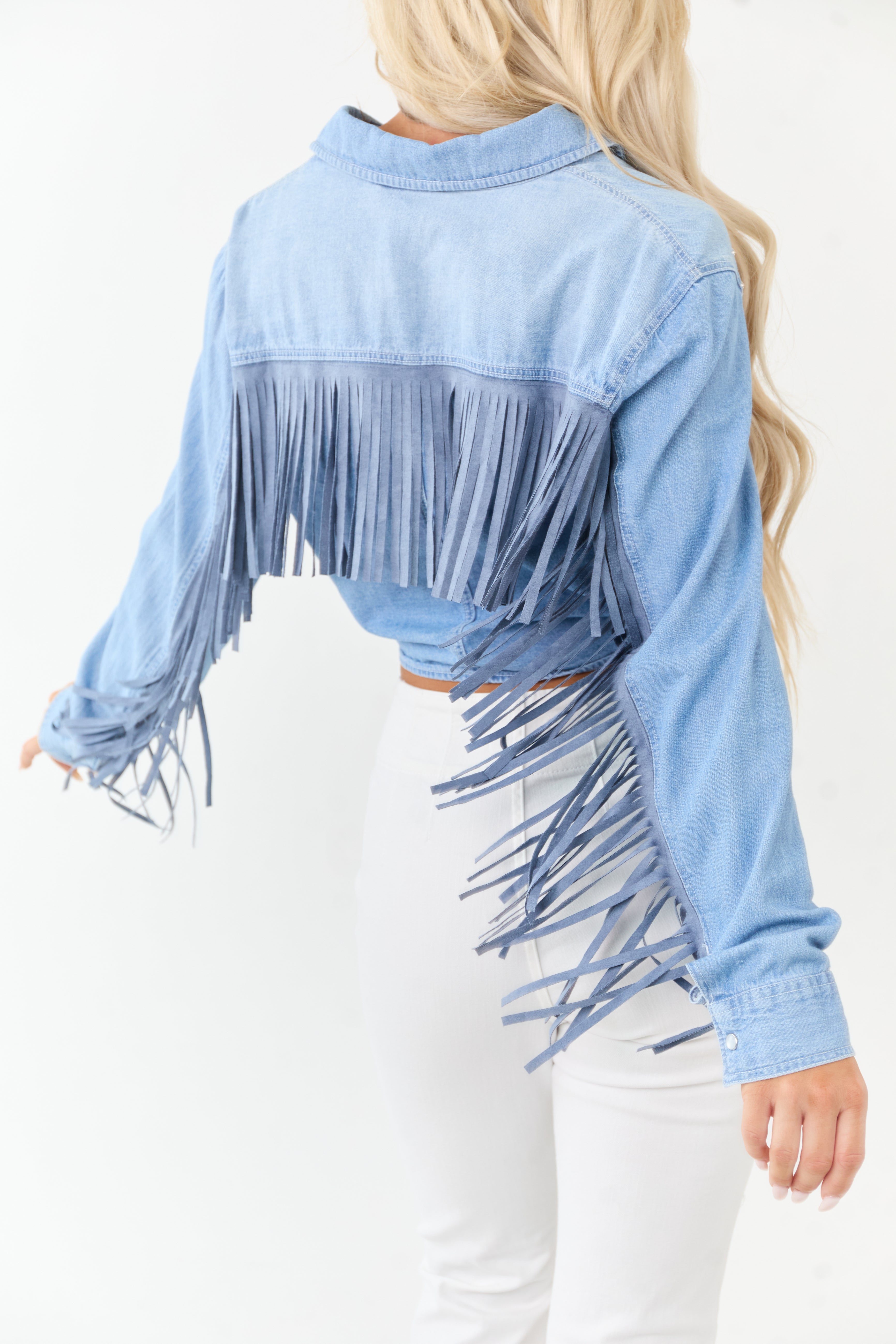 Light Wash Denim Button Up Tie Front Fringe Top