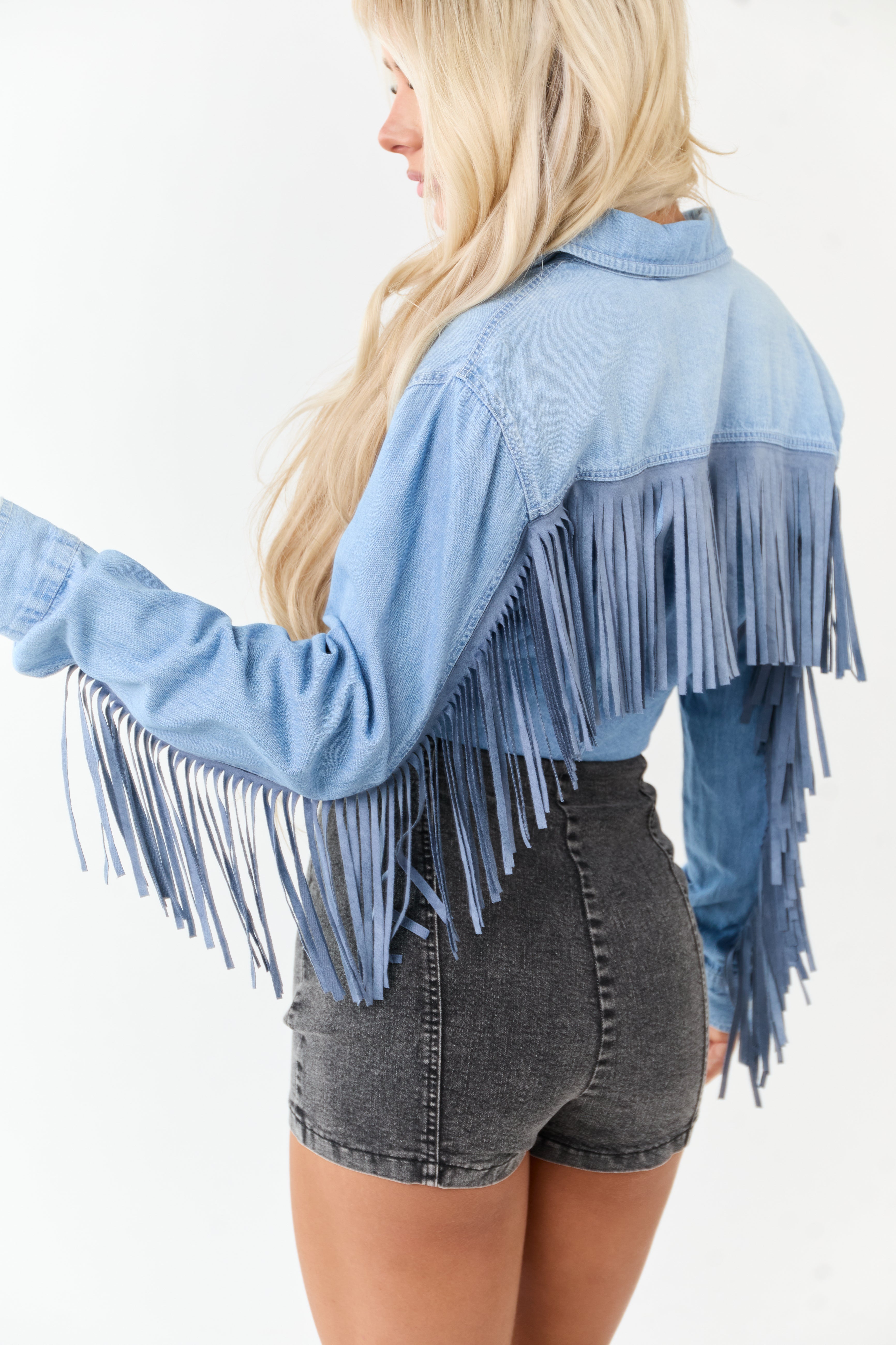Light Wash Denim Button Up Tie Front Fringe Top