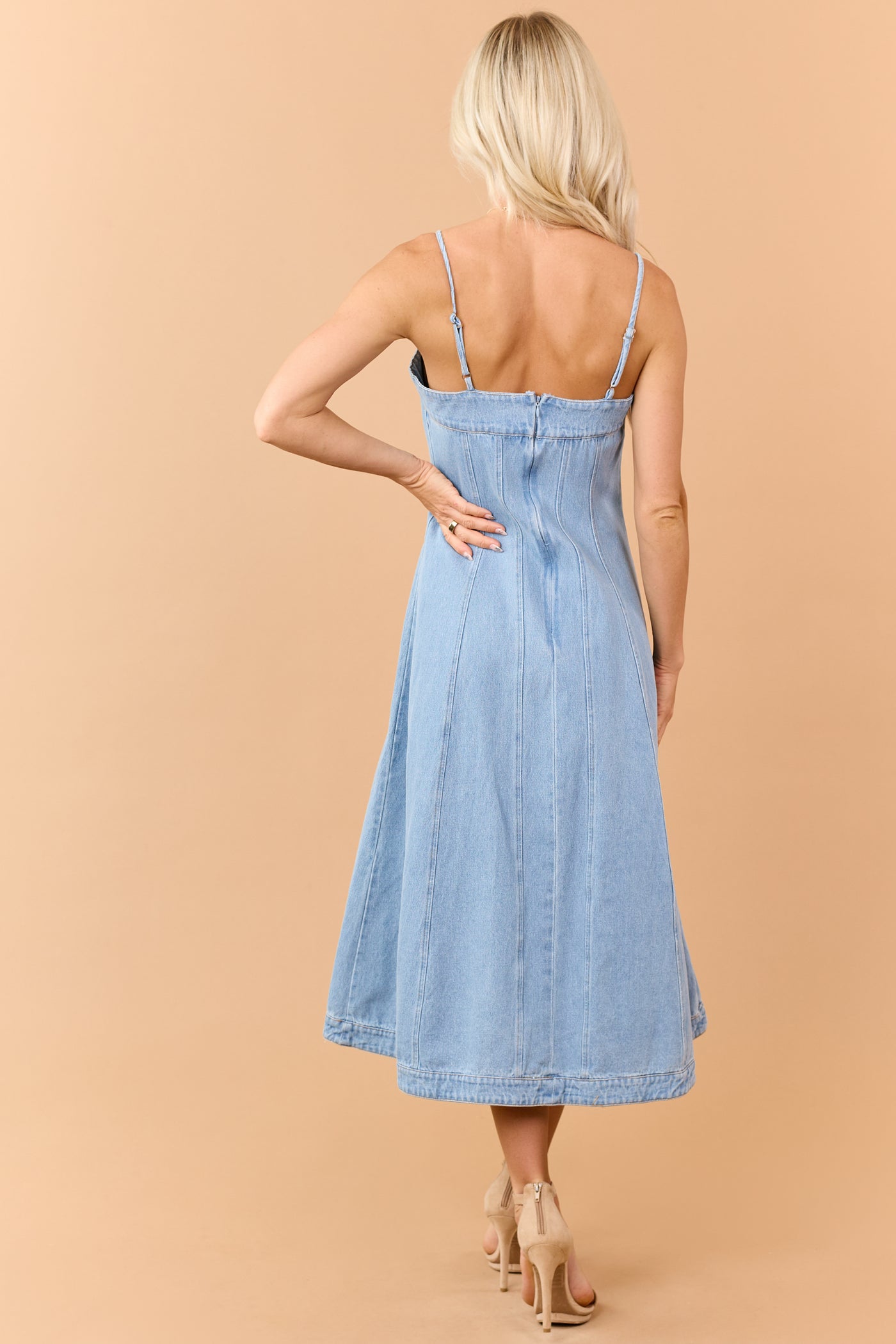 Light Wash Denim Contrast Stitch Midi Dress