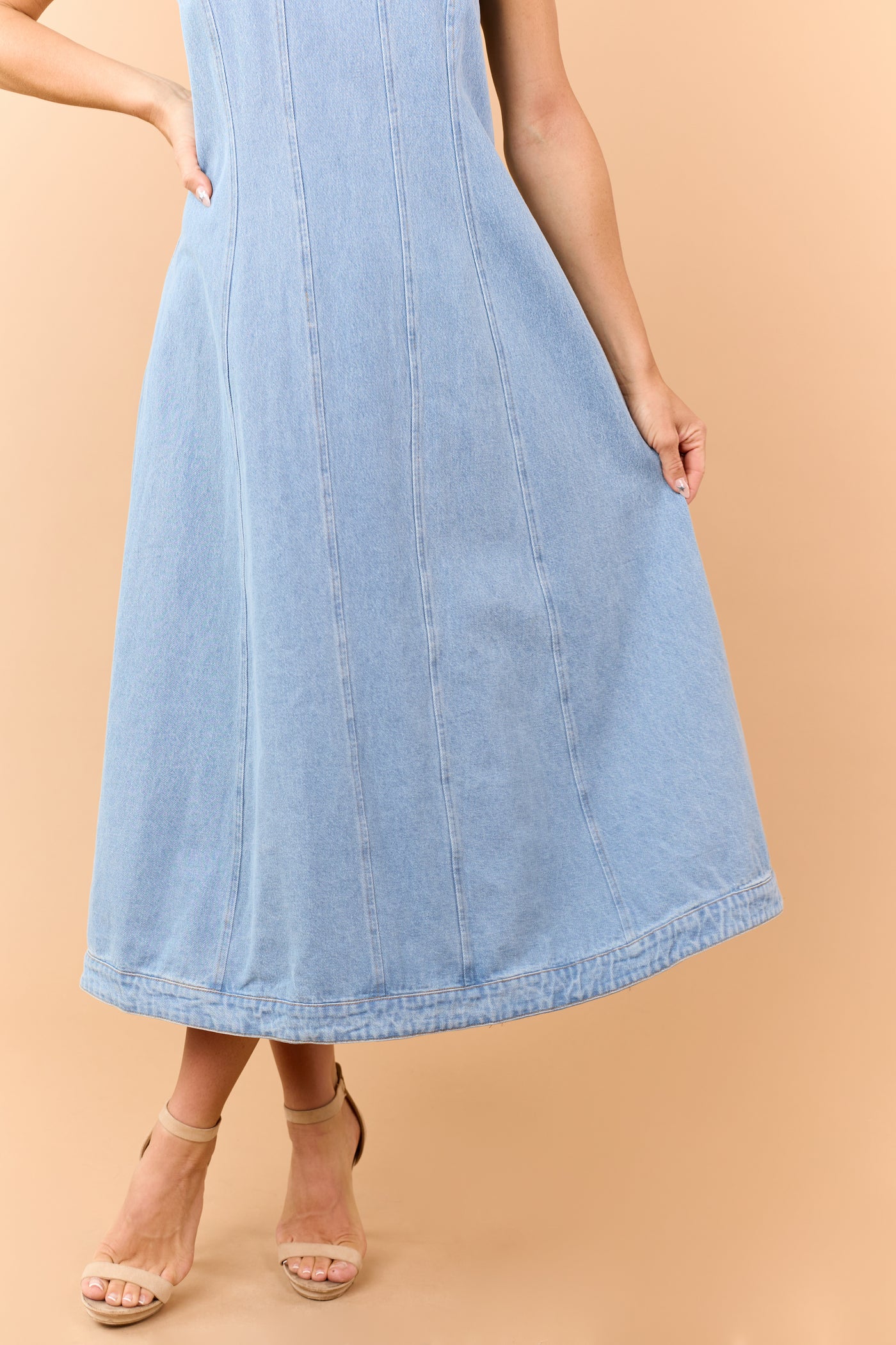Light Wash Denim Contrast Stitch Midi Dress
