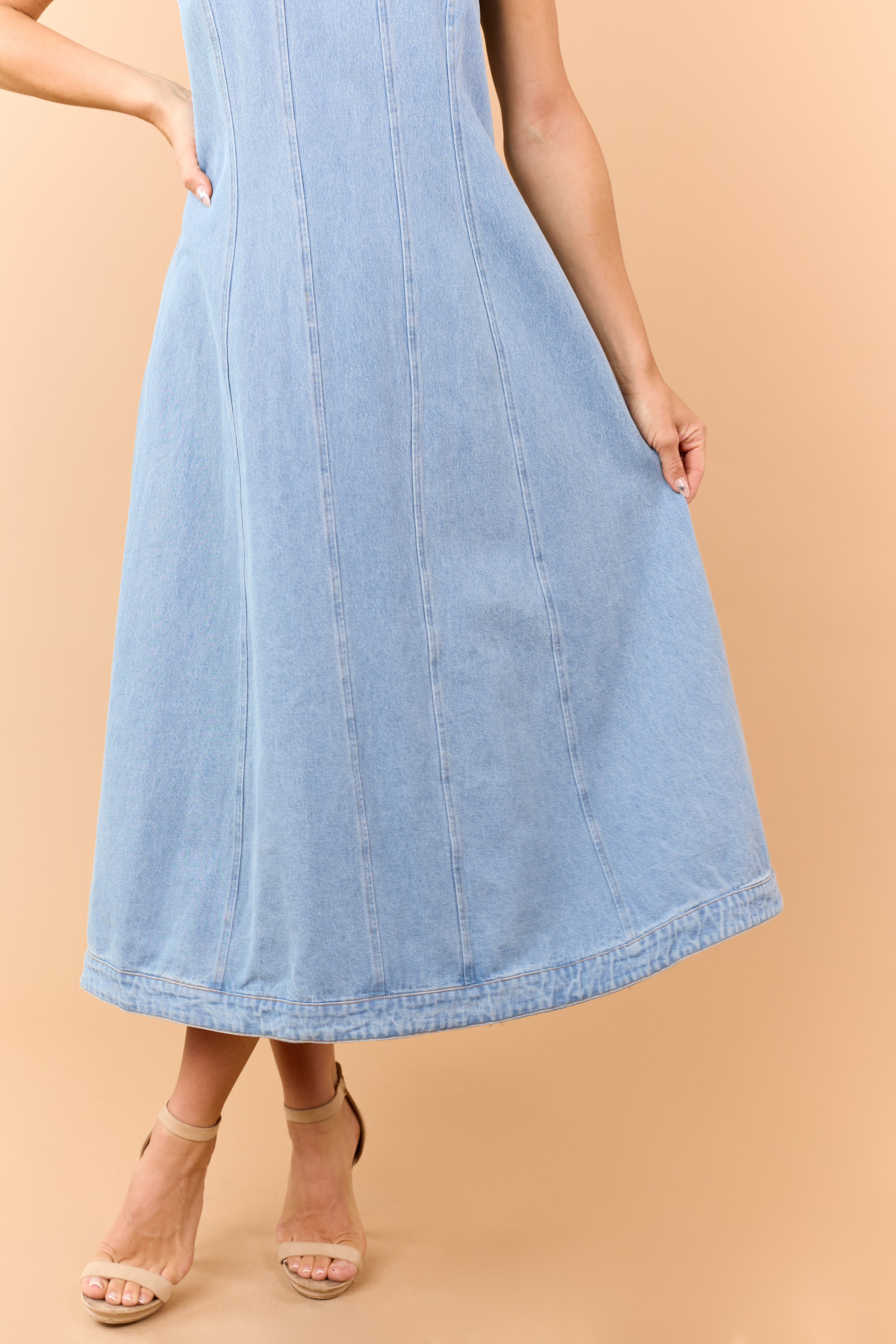 Light Wash Denim Contrast Stitch Midi Dress